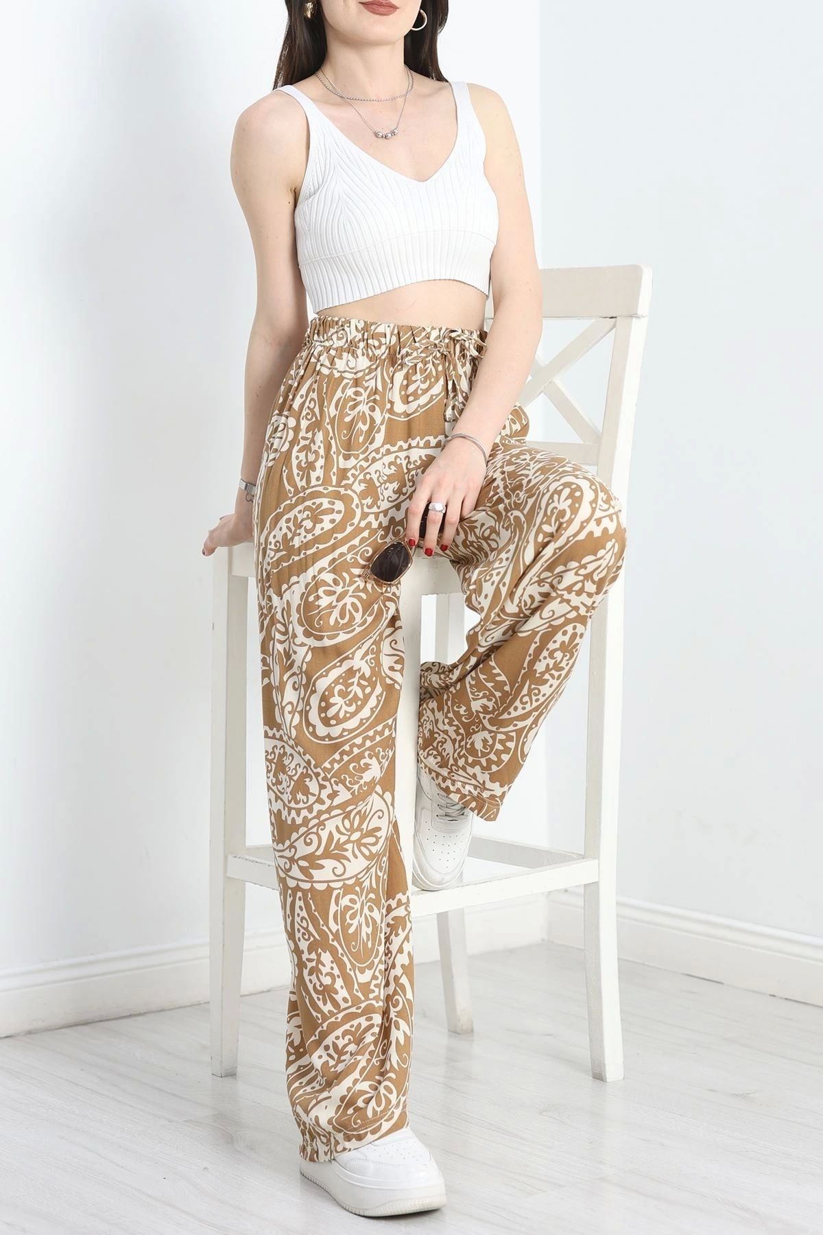 OurStyles Desenli Viskon Pantolon Bisküvibeyaz - 40988.701.