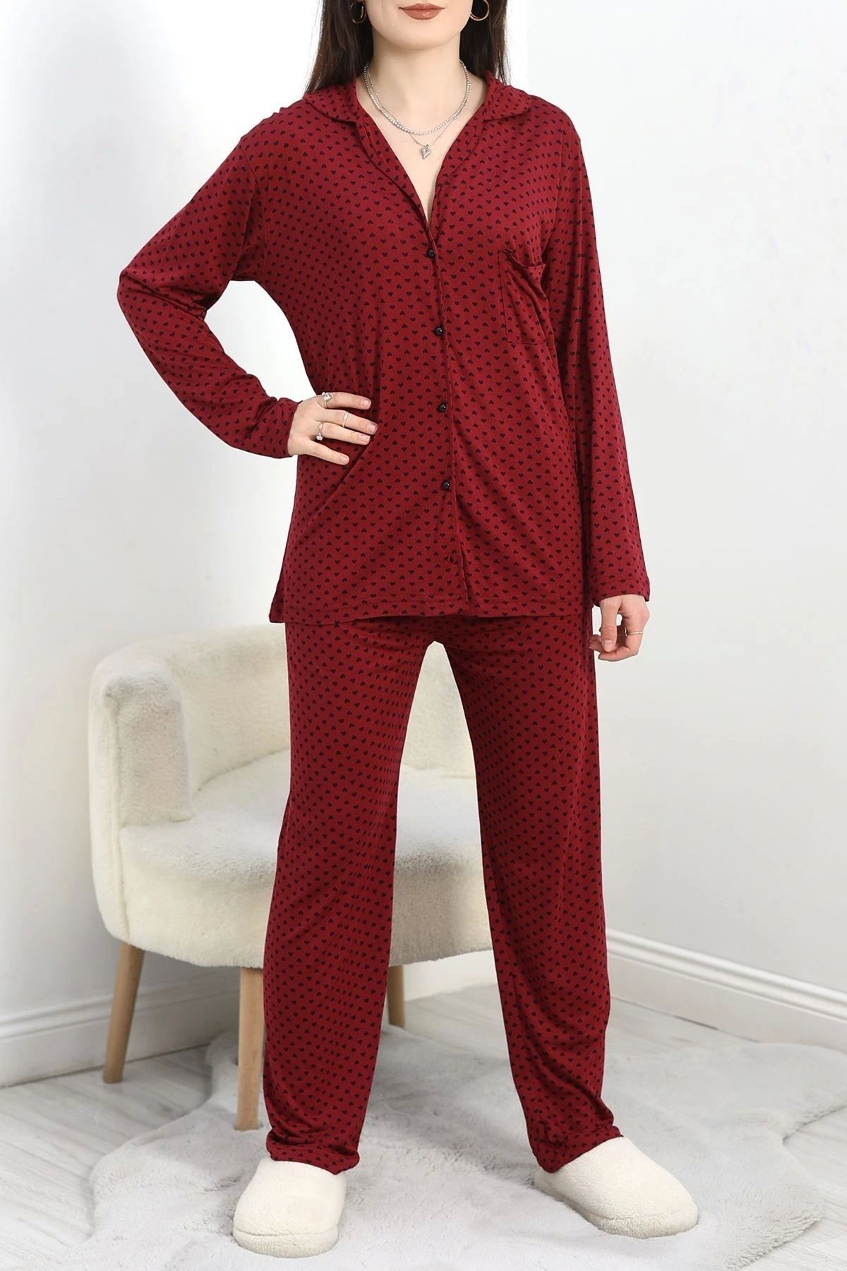 OurStyles Viskon Düğmeli Pijama Takımı Bordo - 40408.1950.