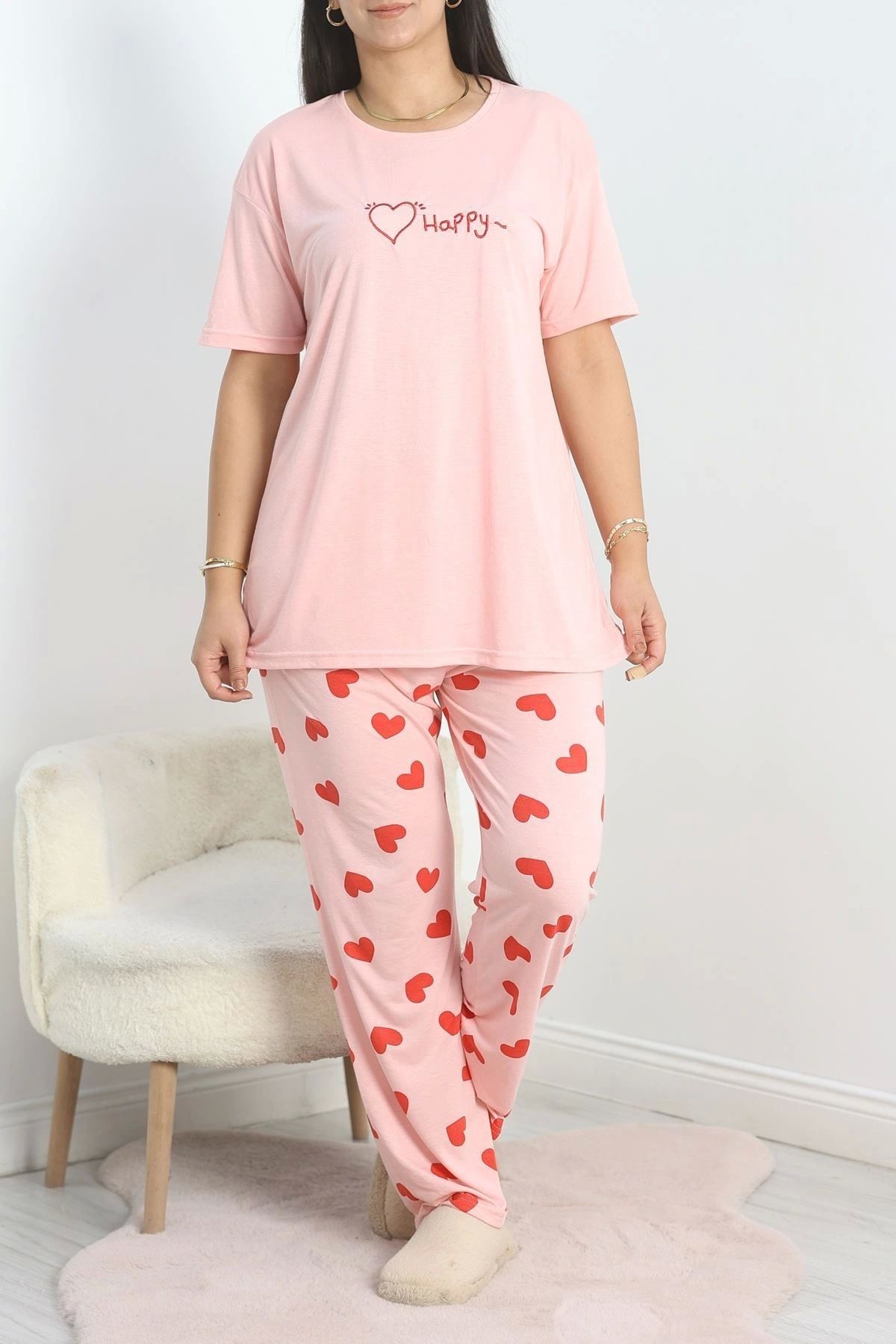 OurStyles Büyük Beden Poliviskon Pijama Takımı Pudrakırmızı - 40925.1961.