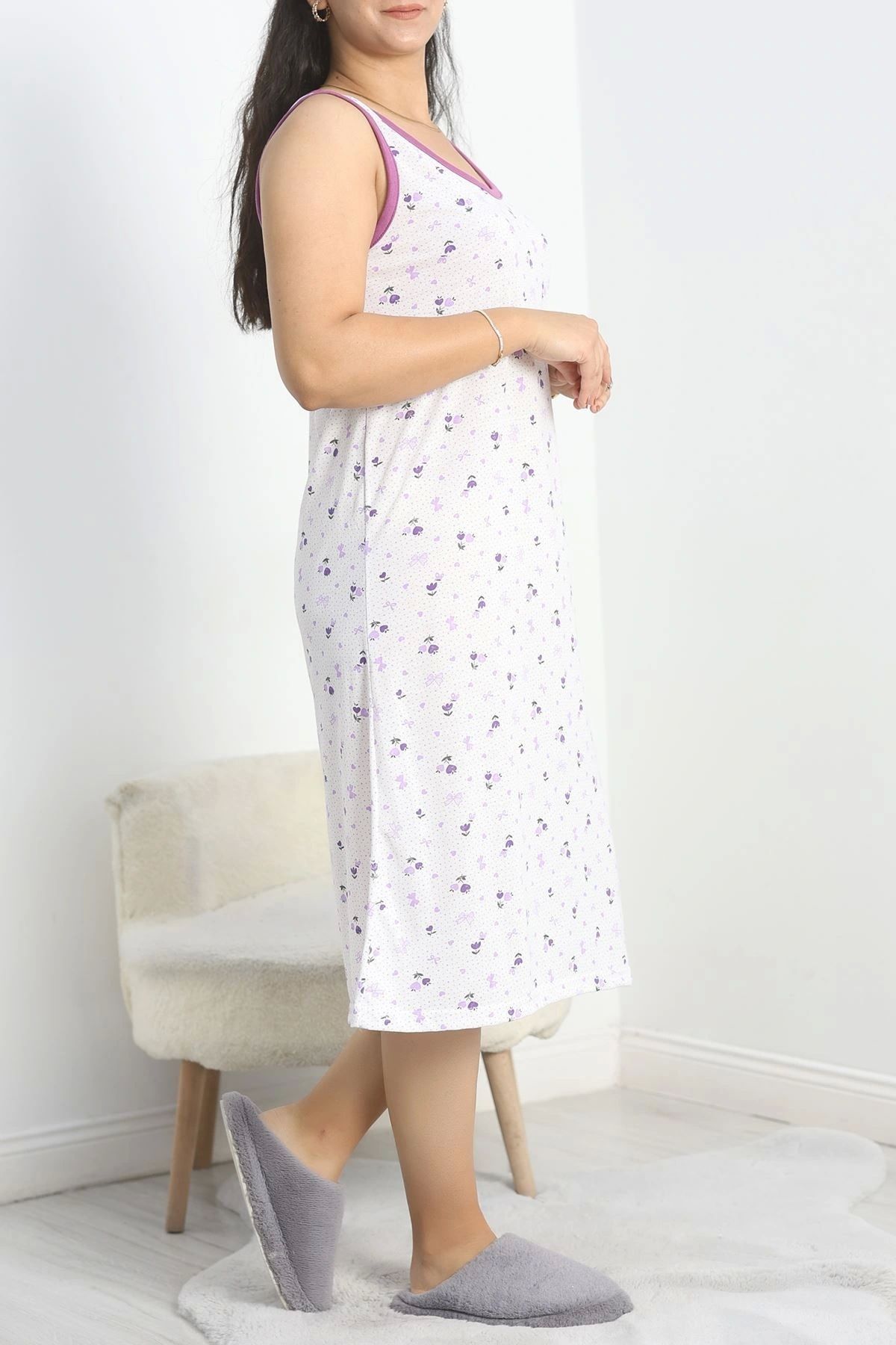 OurStyles %100 Pamuk Desenli Gecelik Battal Elbise Mor