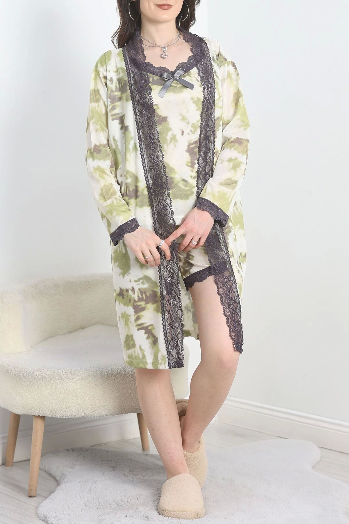 OurStyles Jarse Polyester Şortlu Set Yeşilbej - 70109.1049.