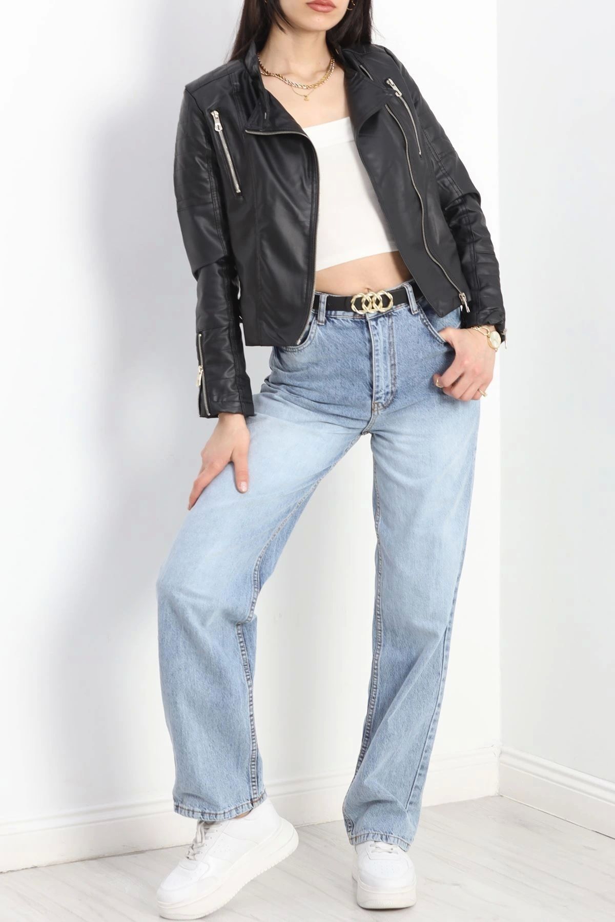 OurStyles Kolları Fermuar Detaylı Deri Ceket Siyah