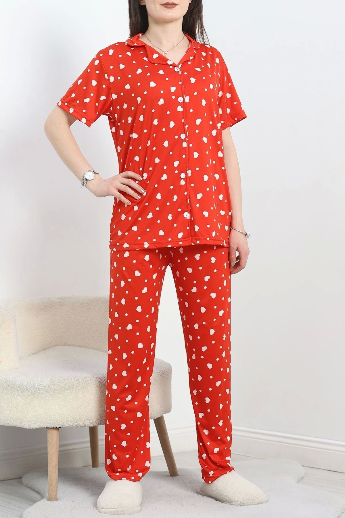 OurStyles Milan Kumaş Düğmeli Pijama Takımı Kırmızıkalp - 50145.1857.