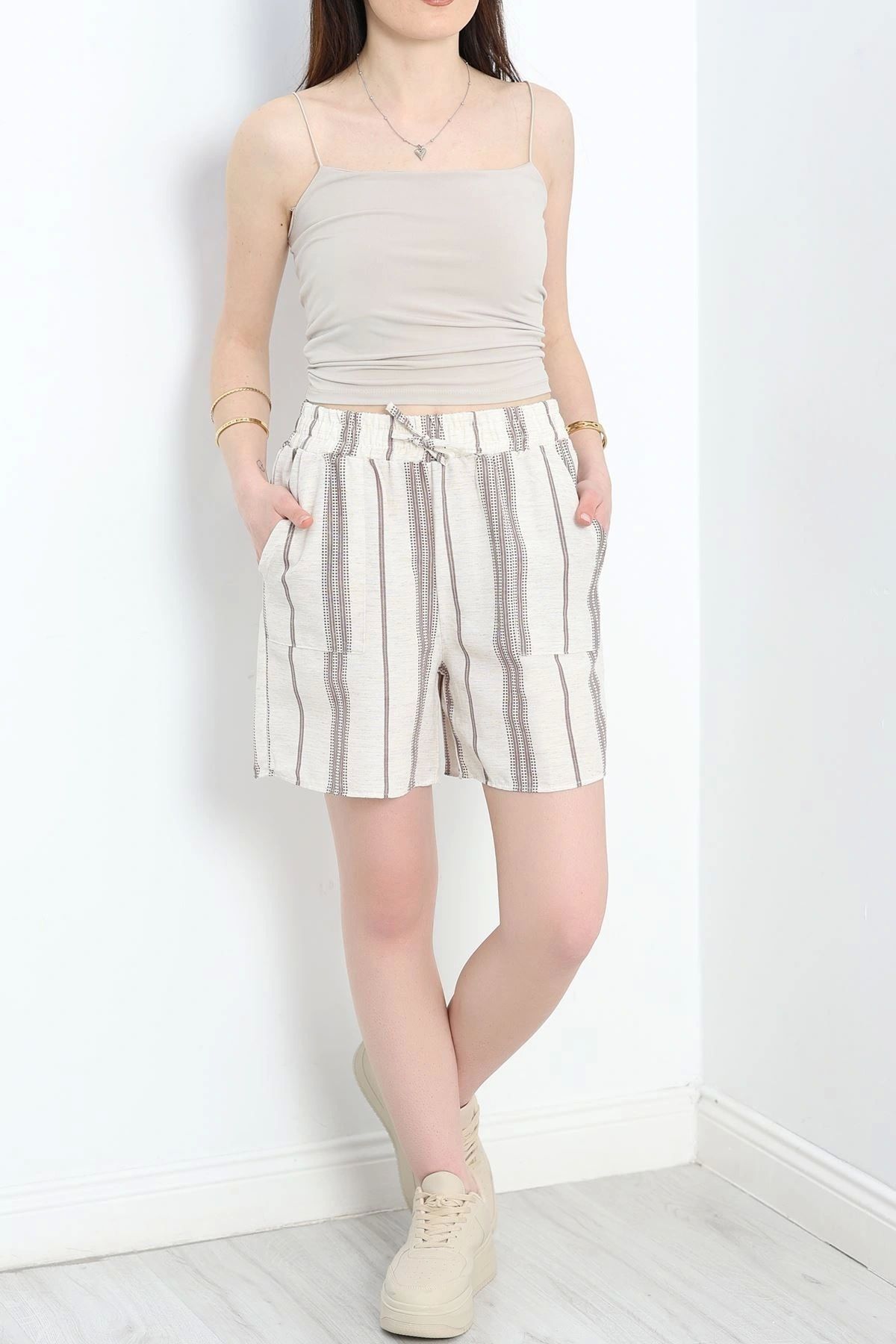 OurStyles Keten Çizgili Şort Bejkahve - 306.1247.