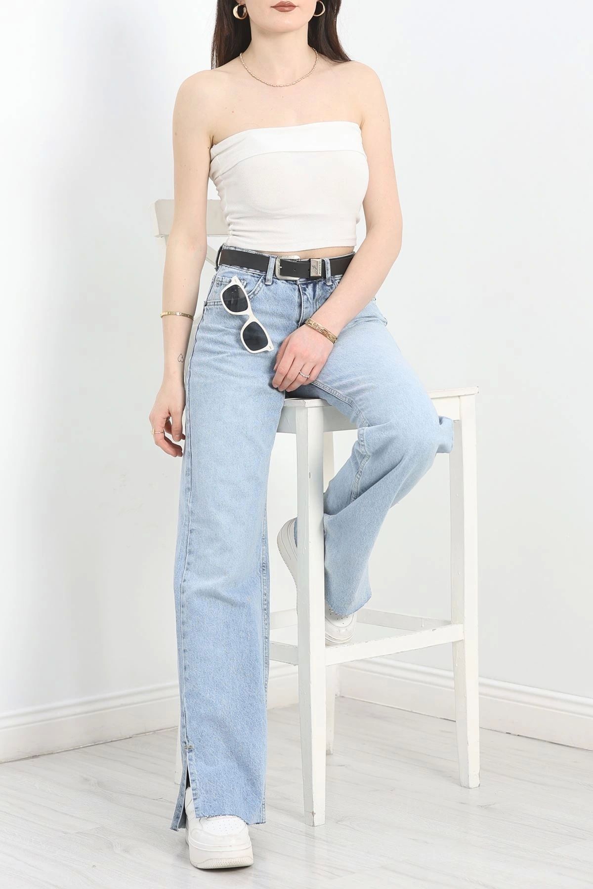 OurStyles Paça Yırtmaçlı Kemerli Palazzo Kot Pantolon Açıkmavi - 30490.1975.
