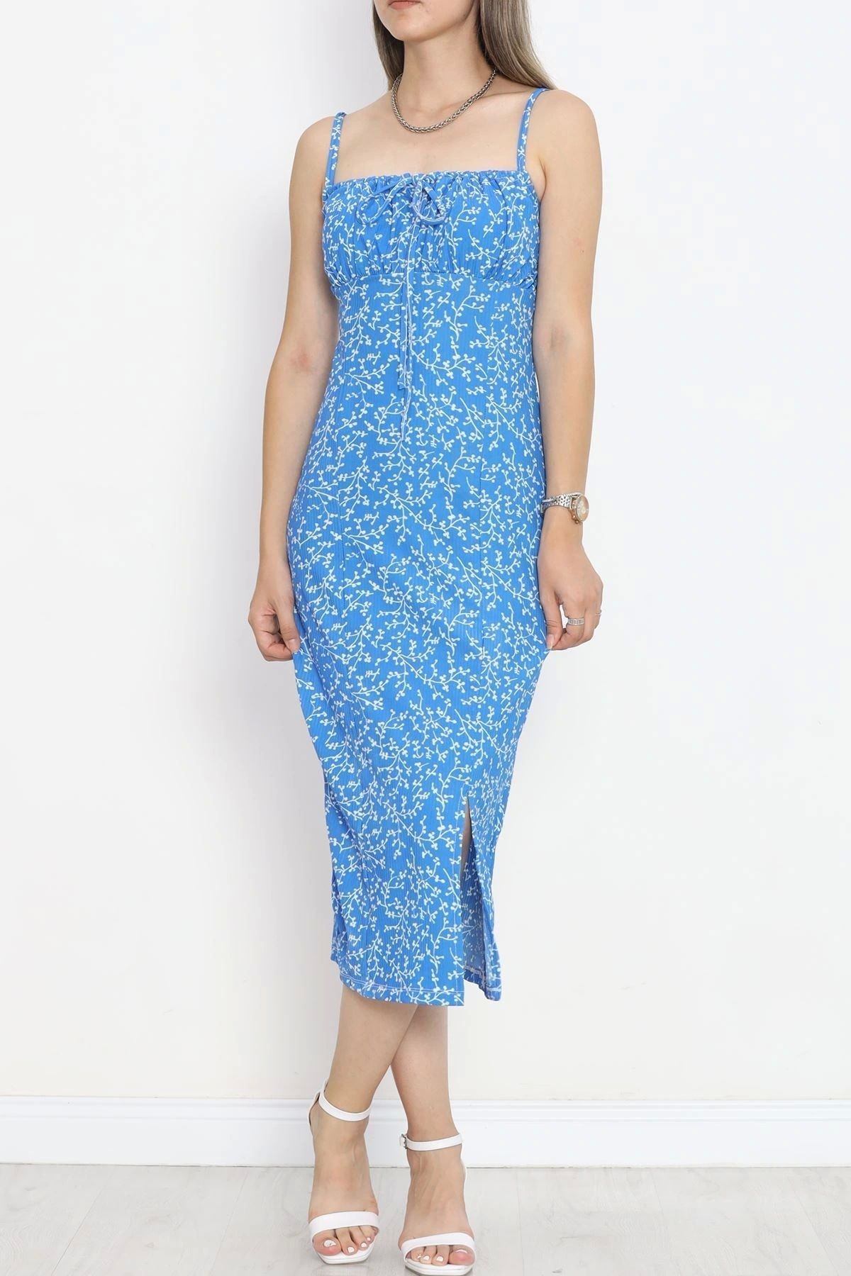 OurStyles Askılı Desenli Elbise Saksbeyaz - 650.1247.