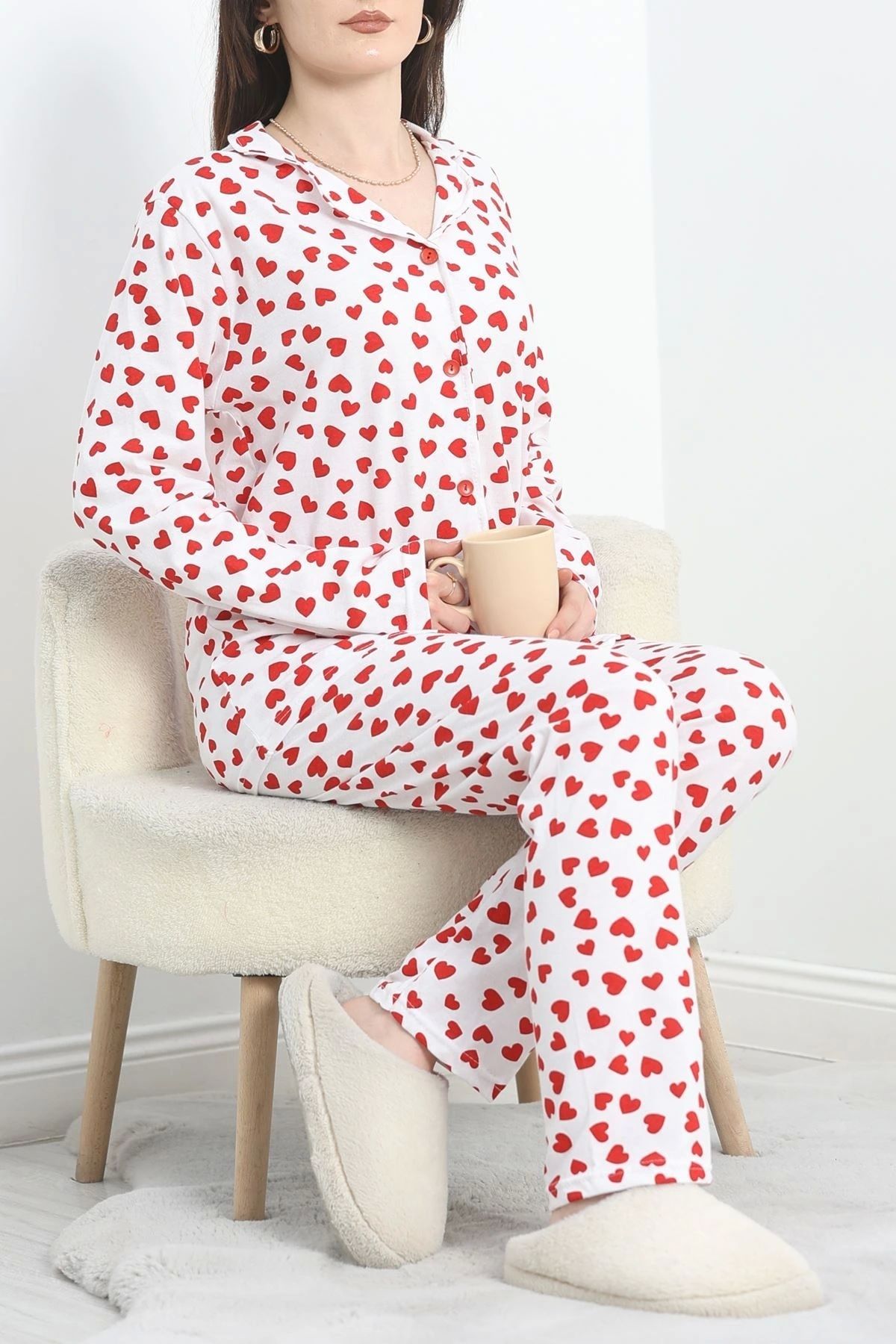 OurStyles Süprem Düğmeli Pijama Takımı Kırmızıbeyaz - 50160.1857.