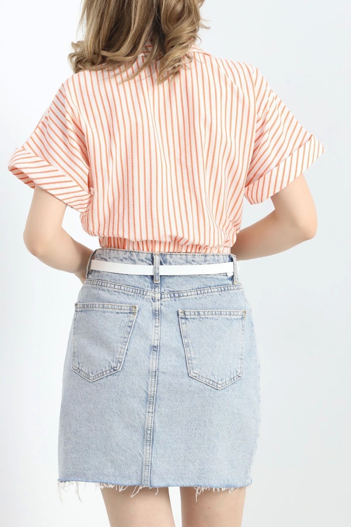 OurStyles Bel Lastikli Çizgili Crop Gömlek Turuncu - 40176.1942.