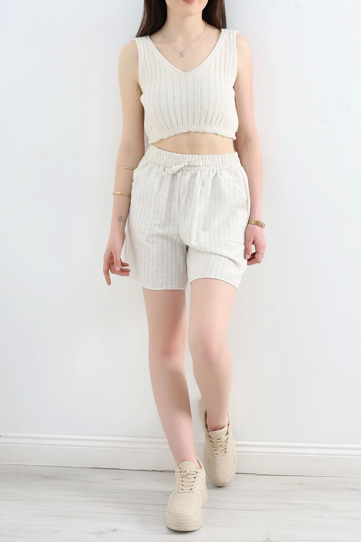 OurStyles Keten Çizgili Şort Bejmint - 306.1247.