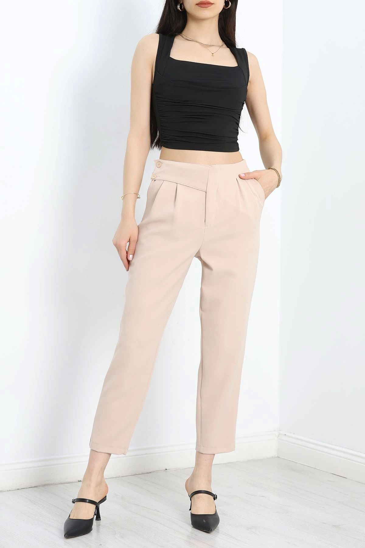 OurStyles Dabıl Kumaş Yandan Düğmeli Pantolon Taş - 6003.1247.