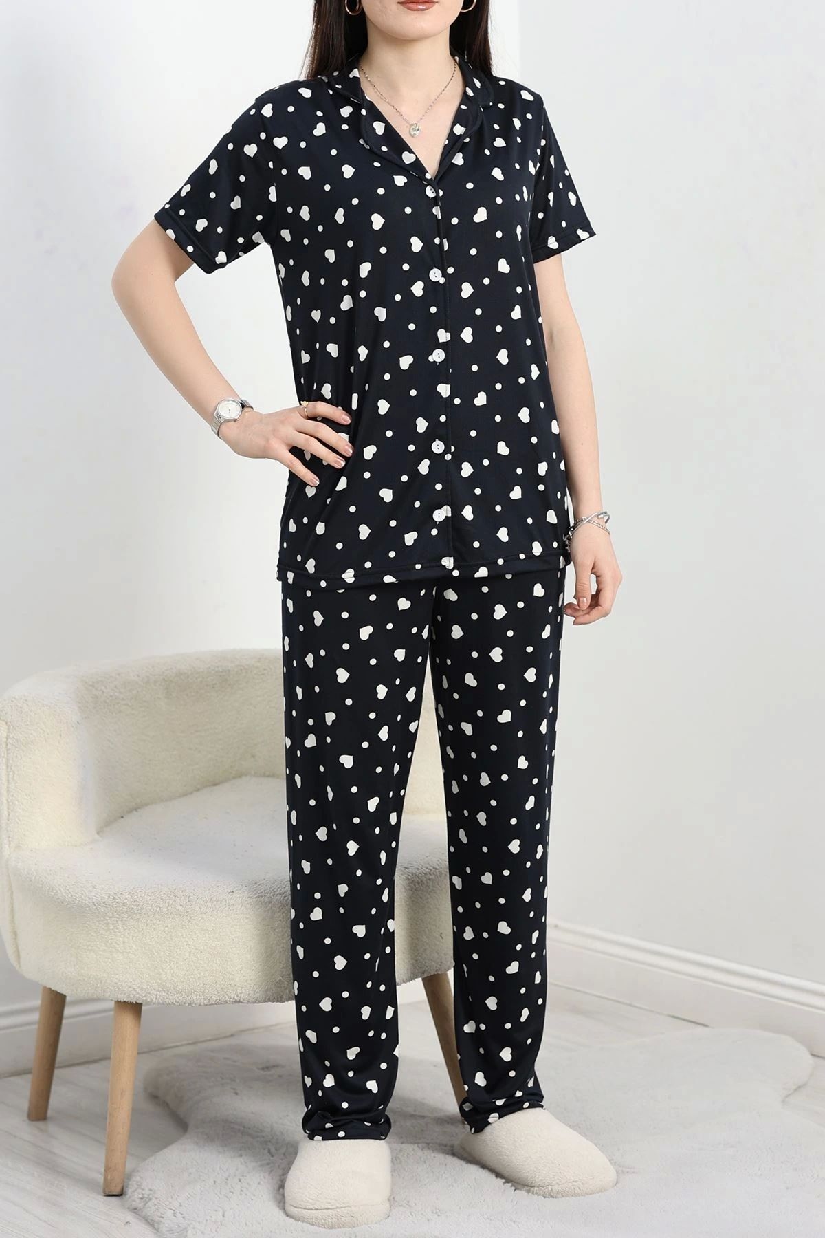 OurStyles Milan Kumaş Düğmeli Pijama Takımı Siyahkalp - 50145.1857.