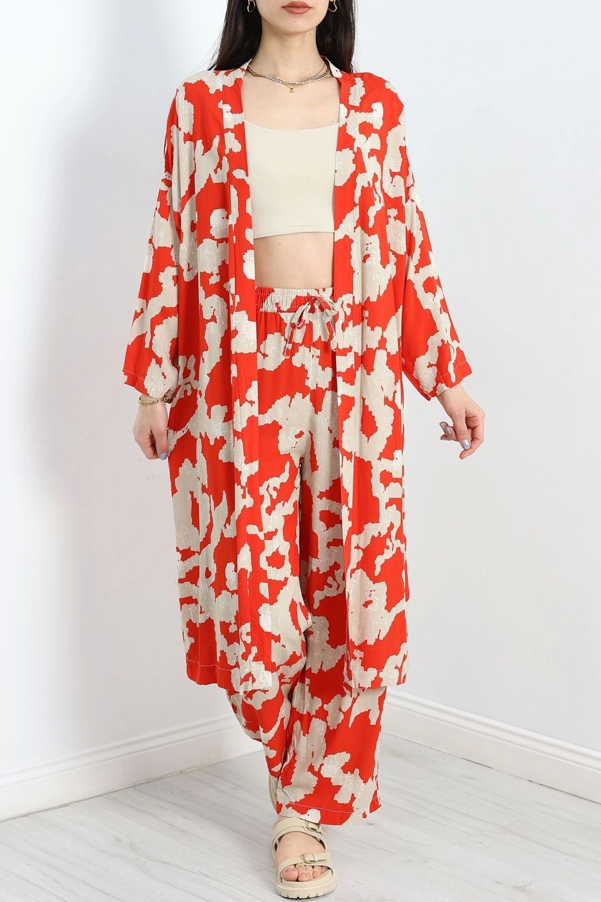 OurStyles Desenli Kimono Takım Kırmızıbej - 19767.1247.