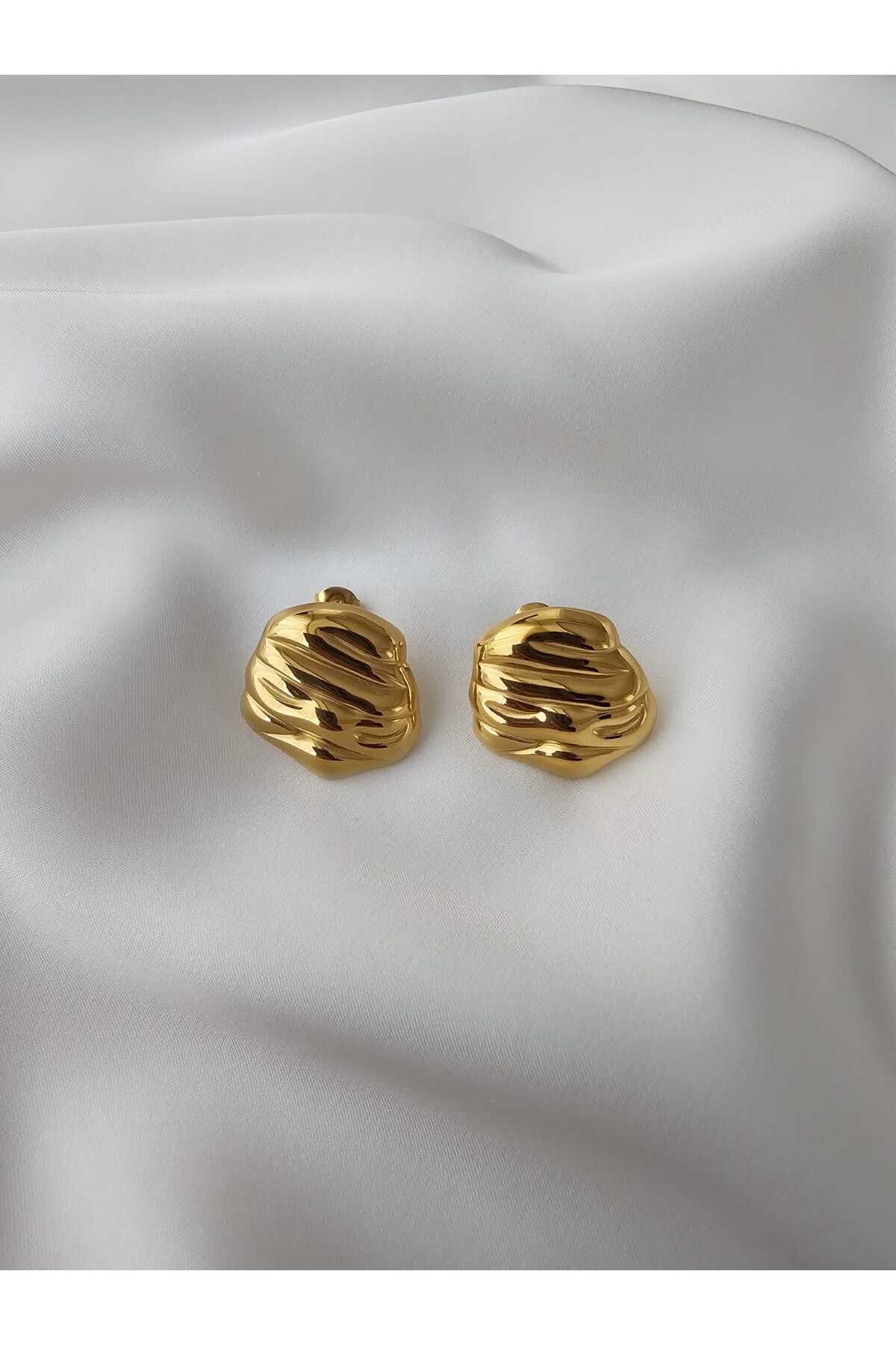 Zivazer Store Kadın çelik kararmaz asimetrik gold renginde küpe