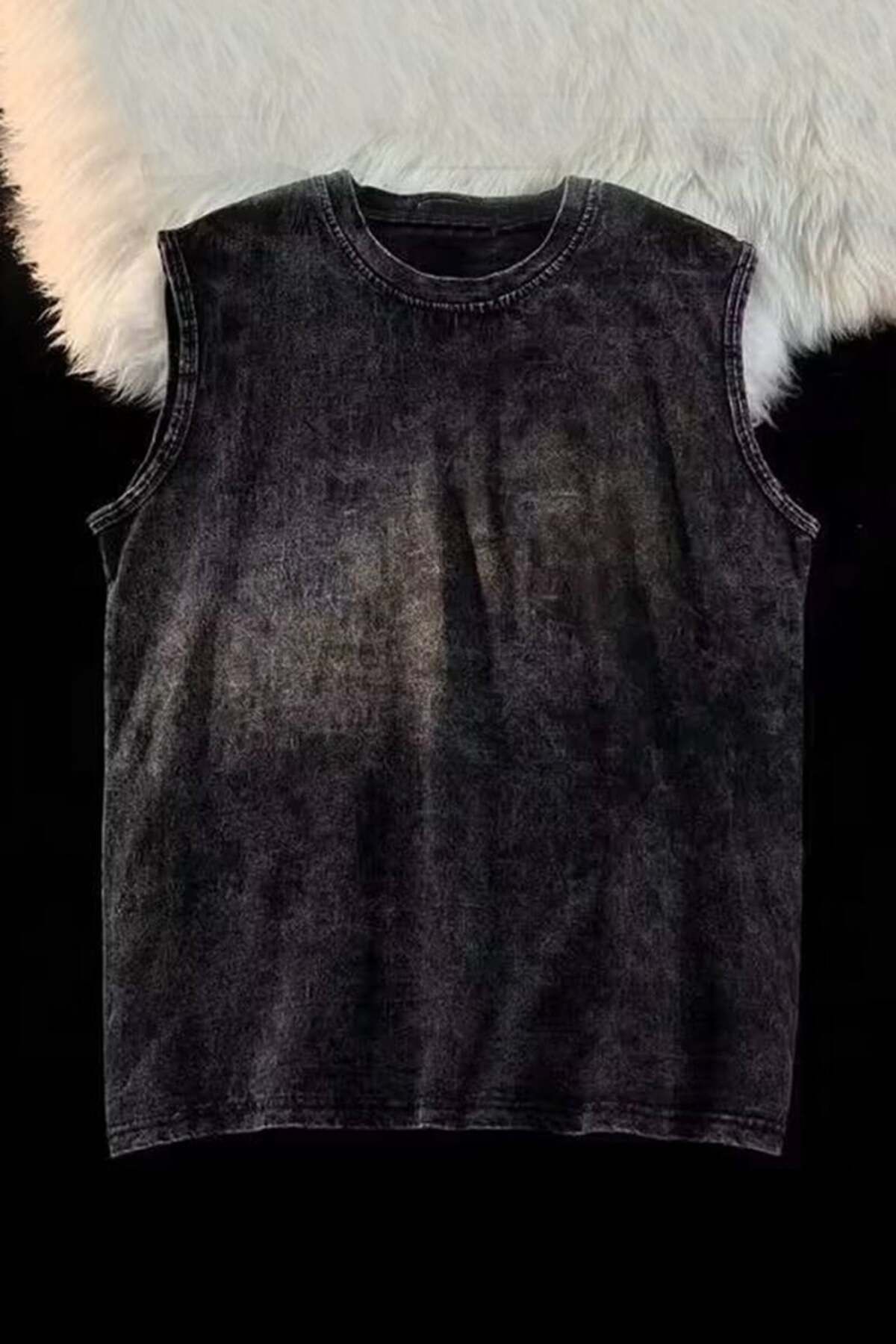 Pop Giyim Vintage Street Style Yıkamalı Kumaş Baskısız Kolsuz T-shirt