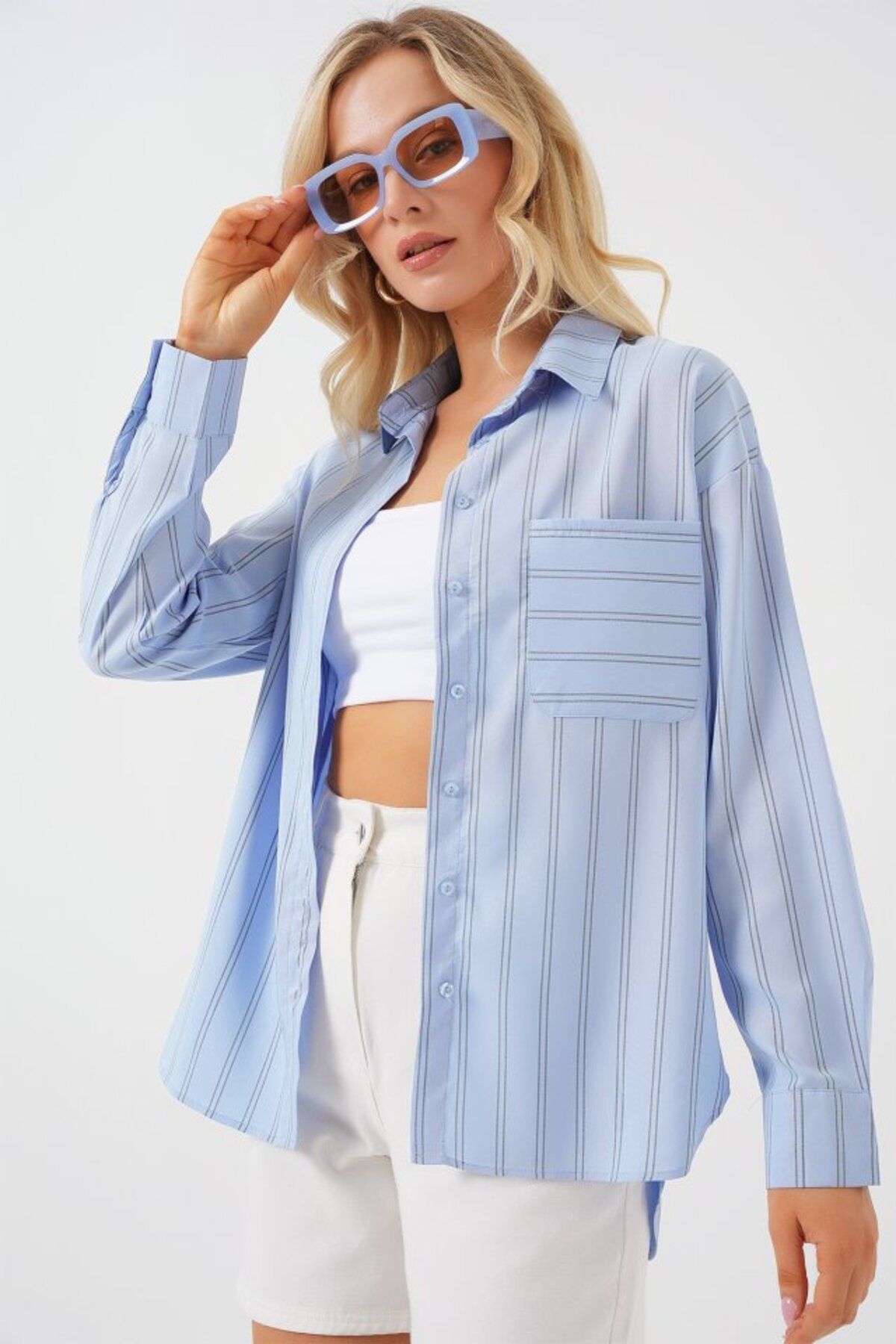 ceylinmoda 20143 Cepli Oversize Gömlek - Mavi