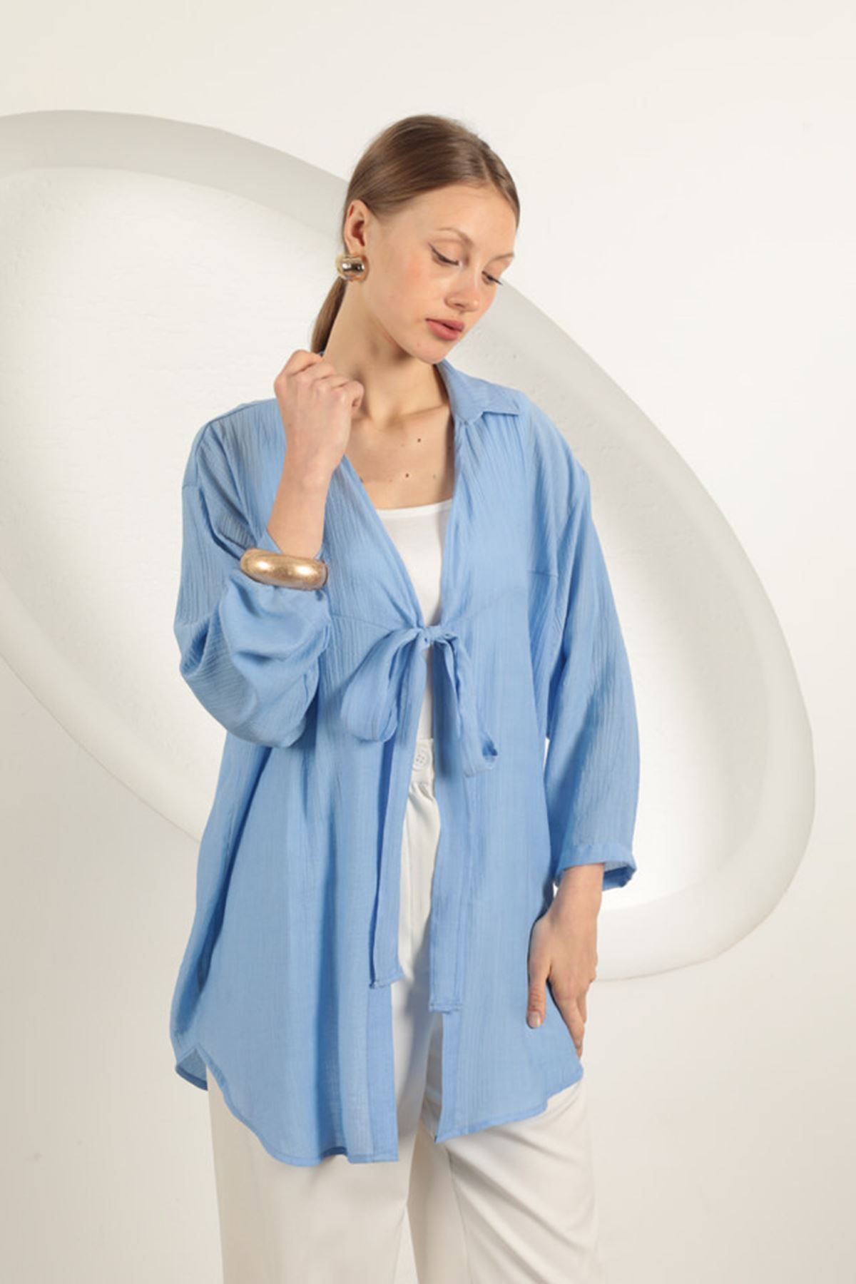 delta online Ağaç Kabuğu Kumaş Kimono-Mavi - XL
