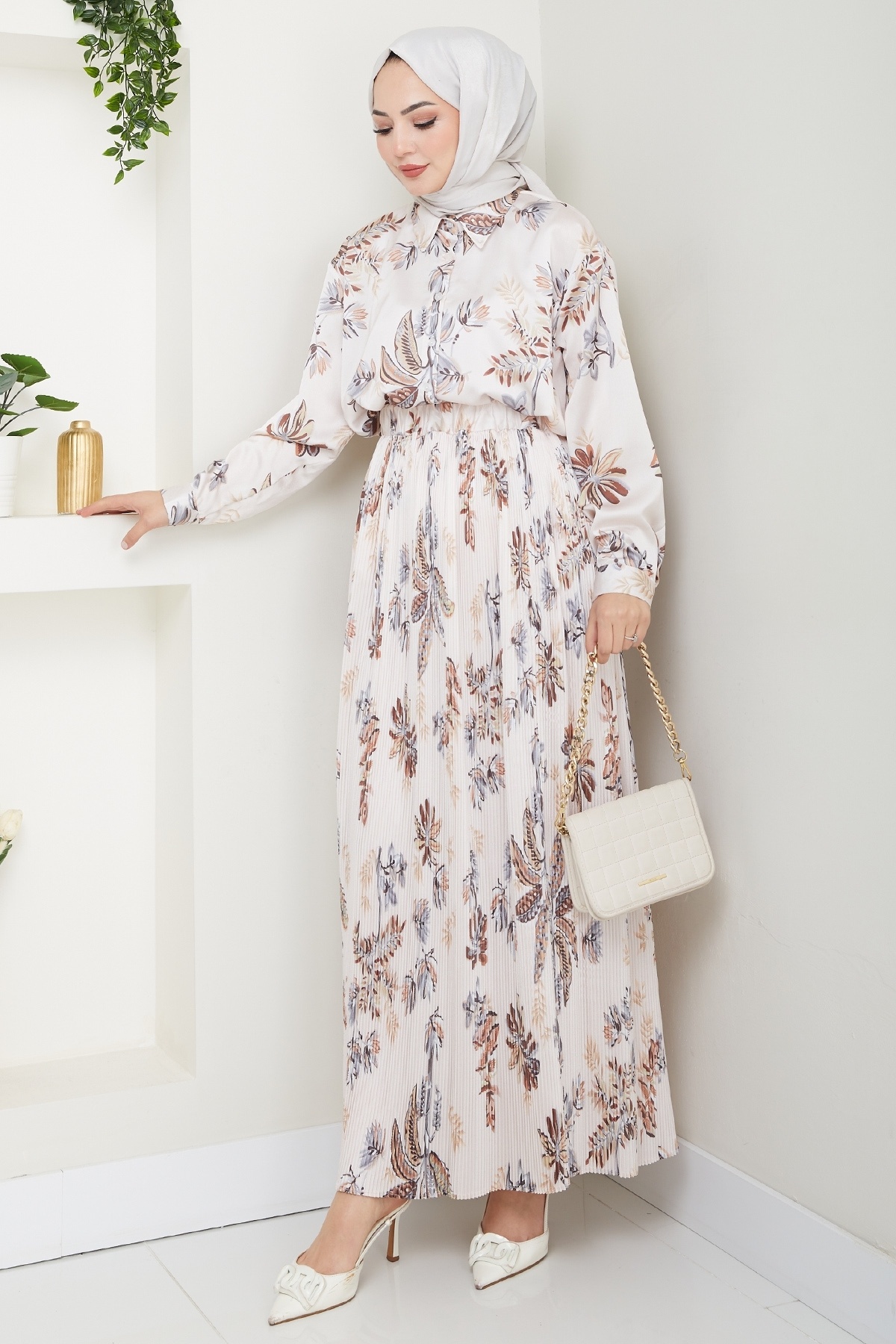 InStyle-Σατέν Floral Καφέ Πλισέ Φούστα 3