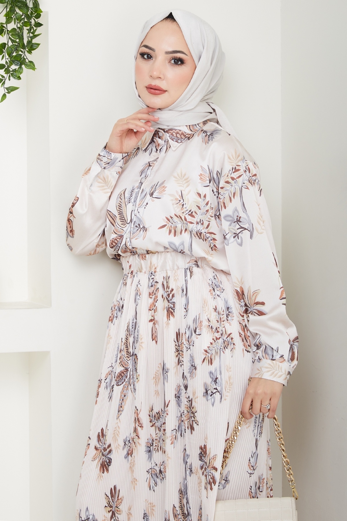 InStyle-Σατέν Floral Καφέ Πλισέ Φούστα 4