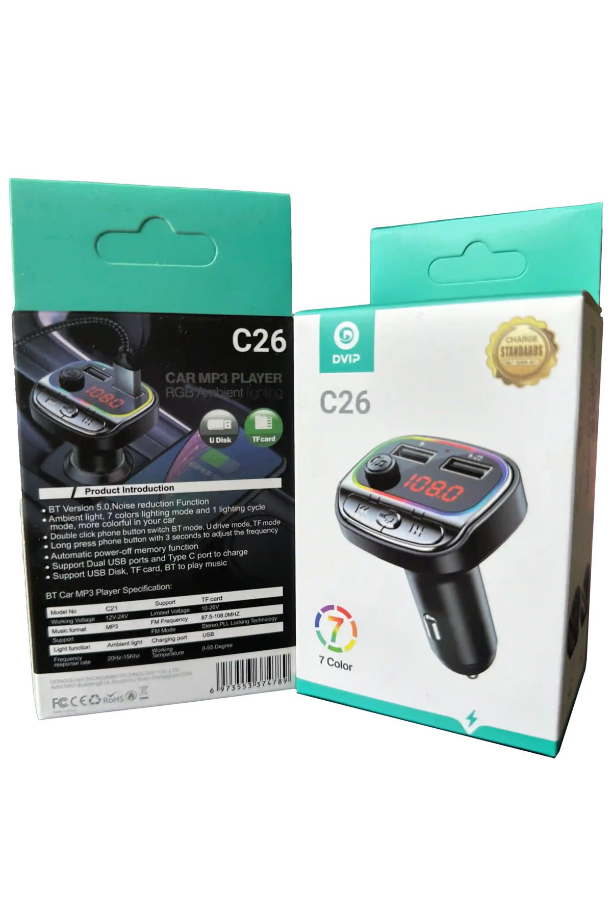 onlinebutik RGB Renkli Araba FM MP3 Çalar Kablosuz Bluetooth 5.0 C26