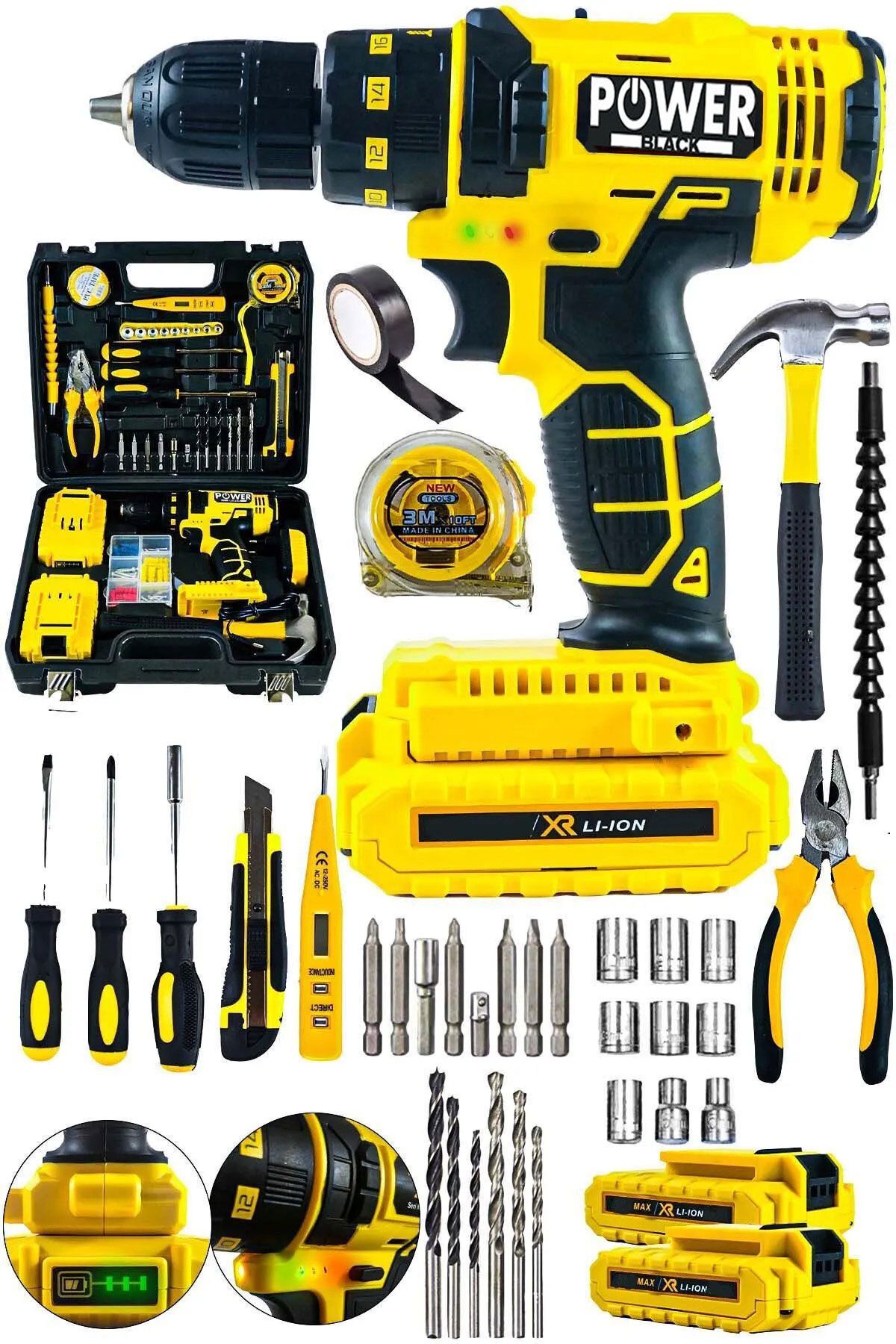 POWER BLACK GERMANY POWER BLACK 100 PARÇALI ULTRA LÜKS MEN 12 V 1,5 AH ÇİFT BATARYALI MATKAP