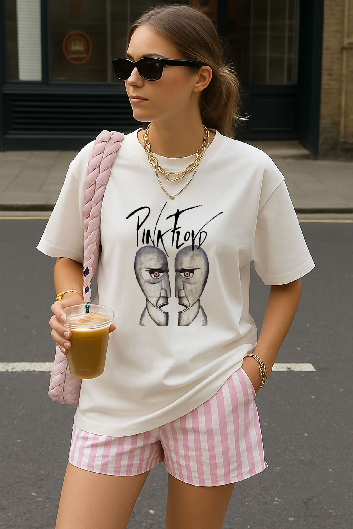 sielta Pink Floyd Müzik Grubu Baskılı Oversize Kadın Pamuklu Beyaz Tişört T-shirt