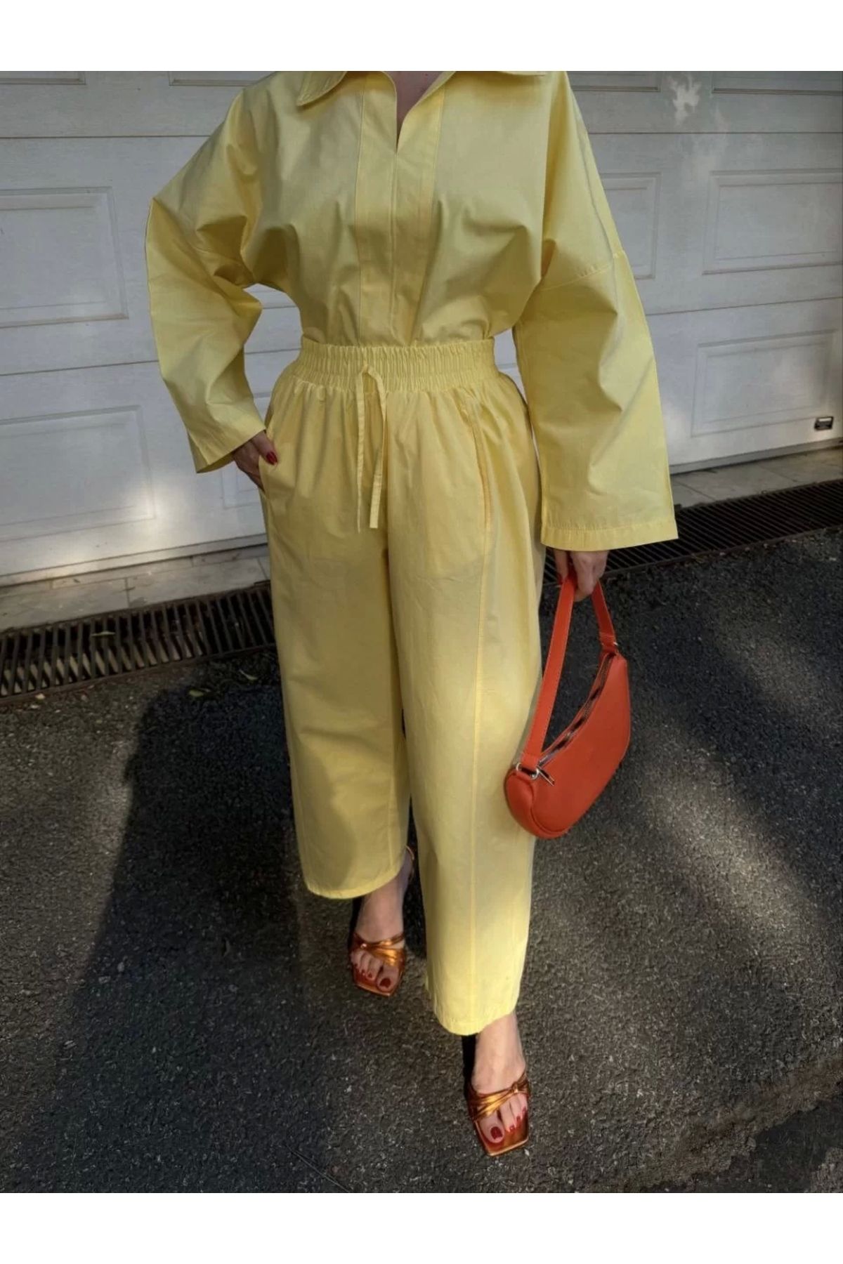 LUSHİOWEAR Kadın Uzun Kollu Yakalı Gömlek Pantalon Takım- Sarı