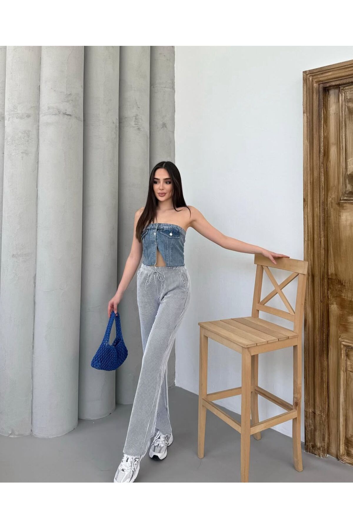 MODA Stradivarus Çizgili Siyah Dökümlü Eşofman Altı