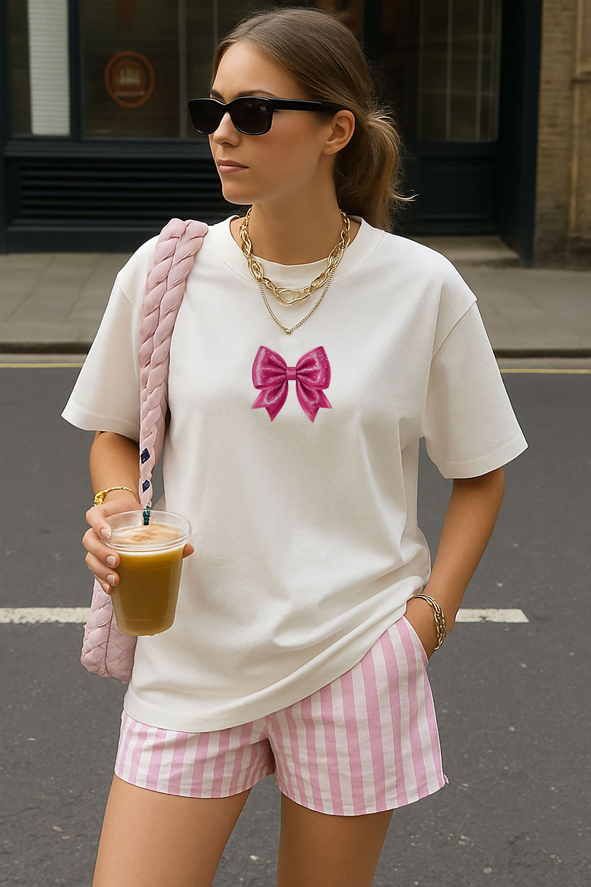 sielta Pembe Kurdale Baskılı Oversize Kadın Pamuklu Beyaz Tişört T-shirt