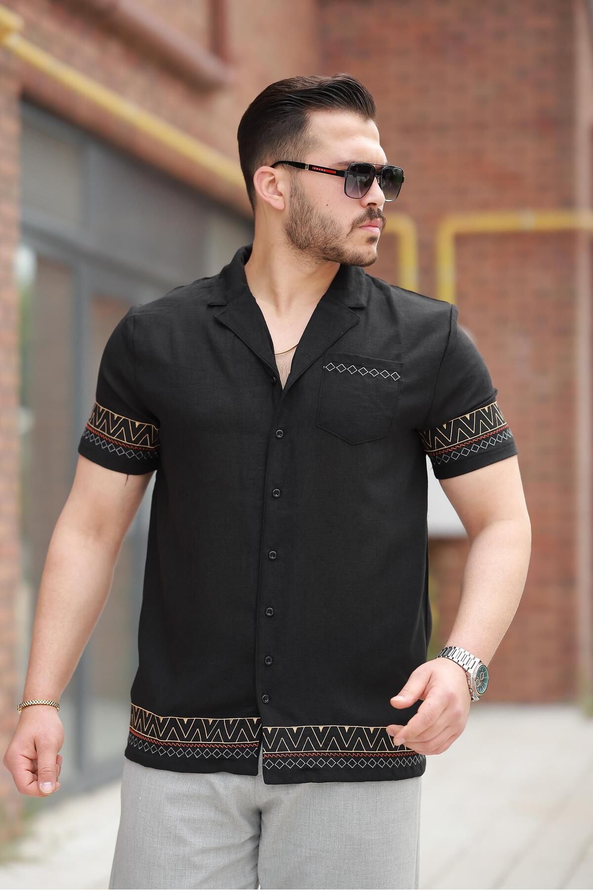 Miron Siyah Nakış Detaylı Kısa Kollu Regular Fit Gömlek- 2525