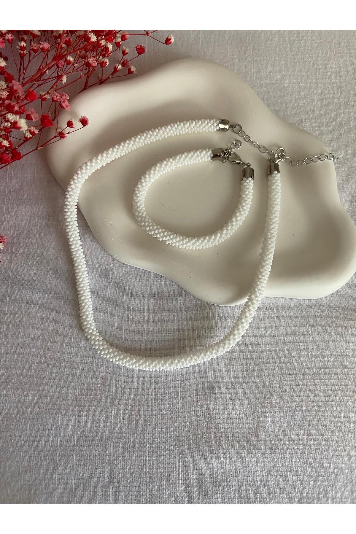 Handmade KUM BONCUK EL İŞİ BEYAZ KOLYE SETİ