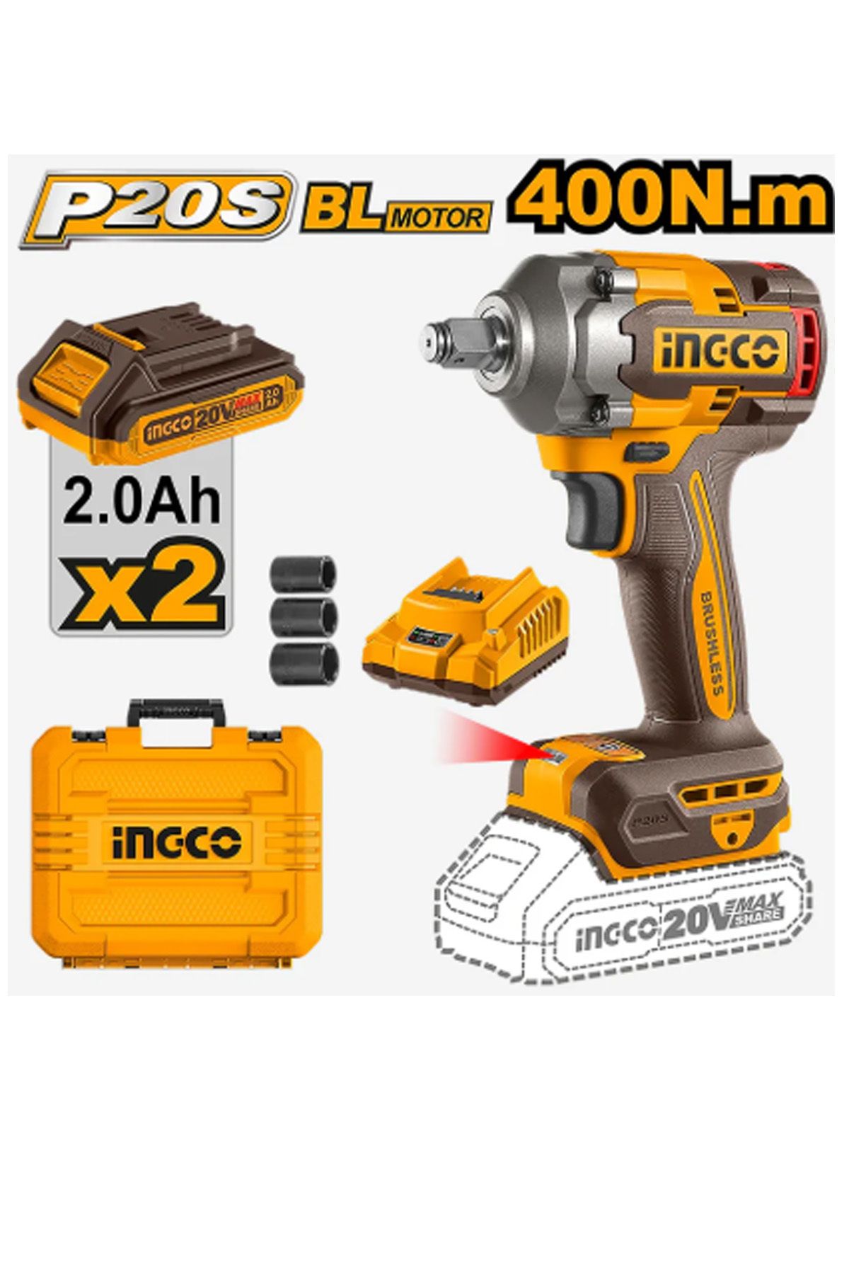 Ingco Lİ-İON AKÜLÜ SOMUN SIKMA 1/2" 20V 2.0AH