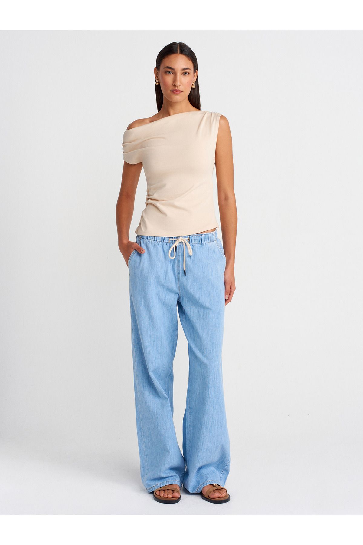 Dilvin 72007 Beli Lastikli İnce Denim Pantolon-Mavi