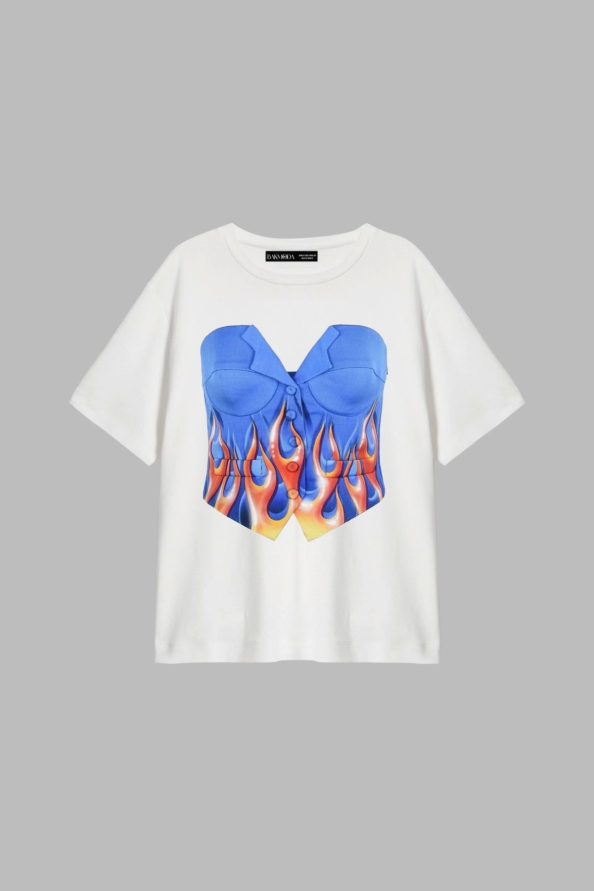 Bak Moda Flame Top Baskılı Relaxed Fit Beyaz Kadın Tshirt