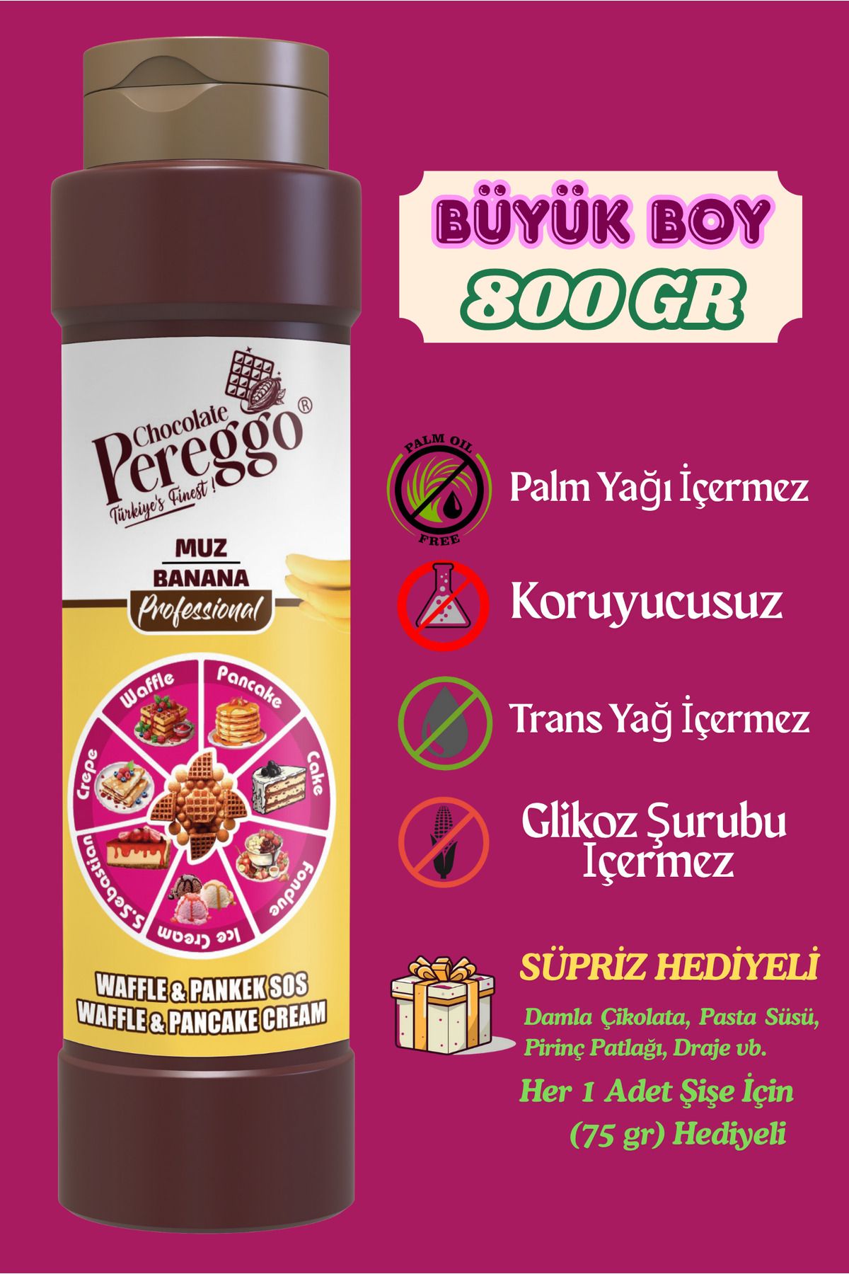 PEREGGO CHOCOLATE Muz Aromalı Sos - Waffle, Pankek, Krep, Fondü, Pasta, Kruvasan, San Sebastian Sos 800gr