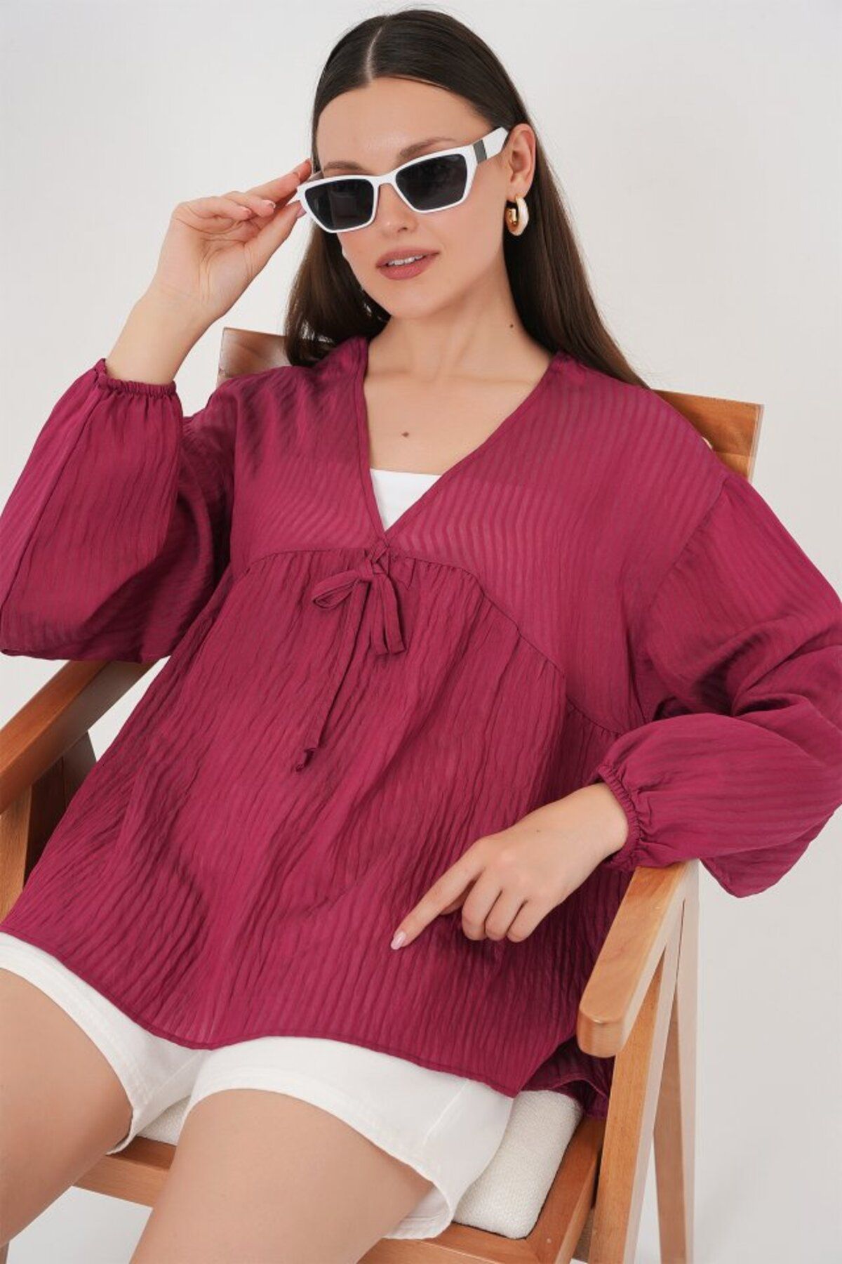 Femella Women Fashion Önü Bağcıklı Uzun Kol Bluz 946 - Bordo