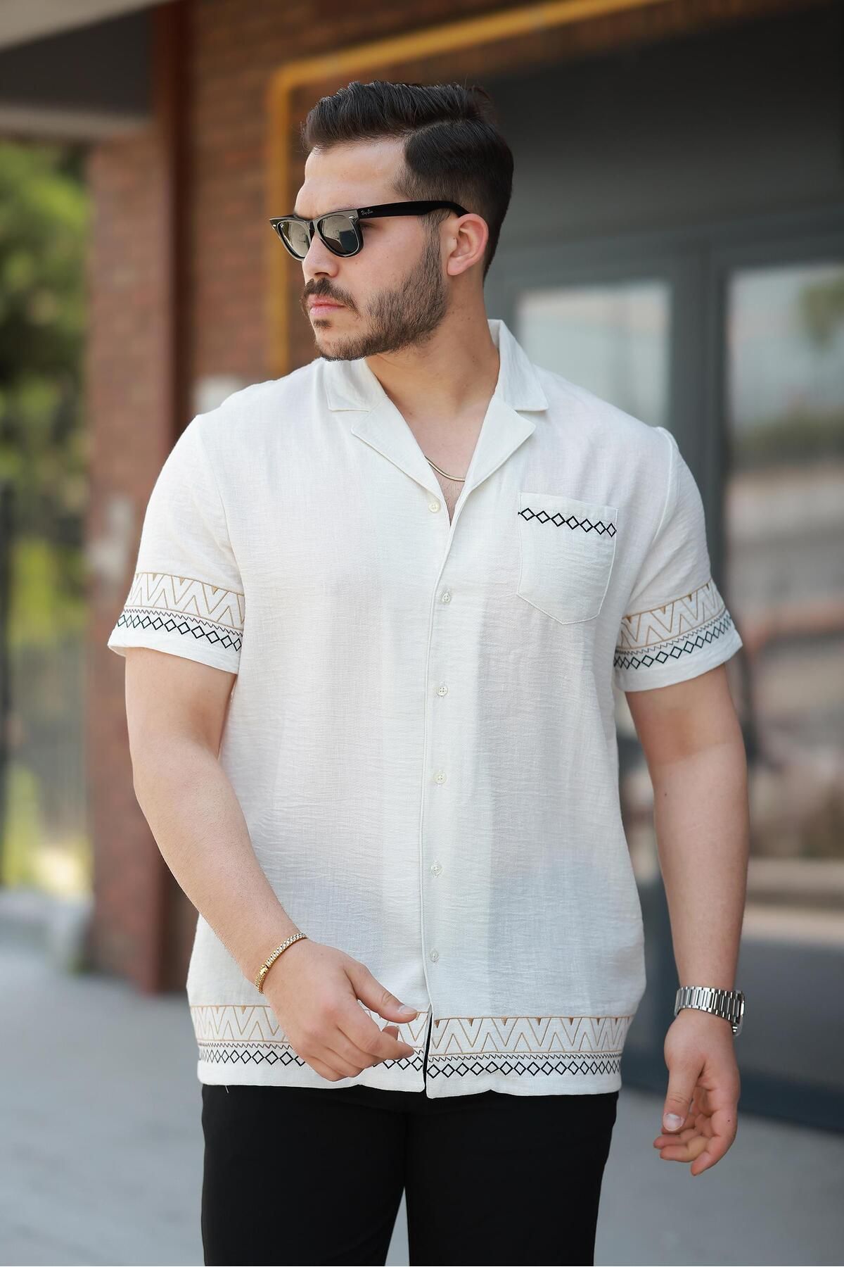 Miron Ekru Nakış Detaylı Kısa Kollu Regular Fit Gömlek- 2525