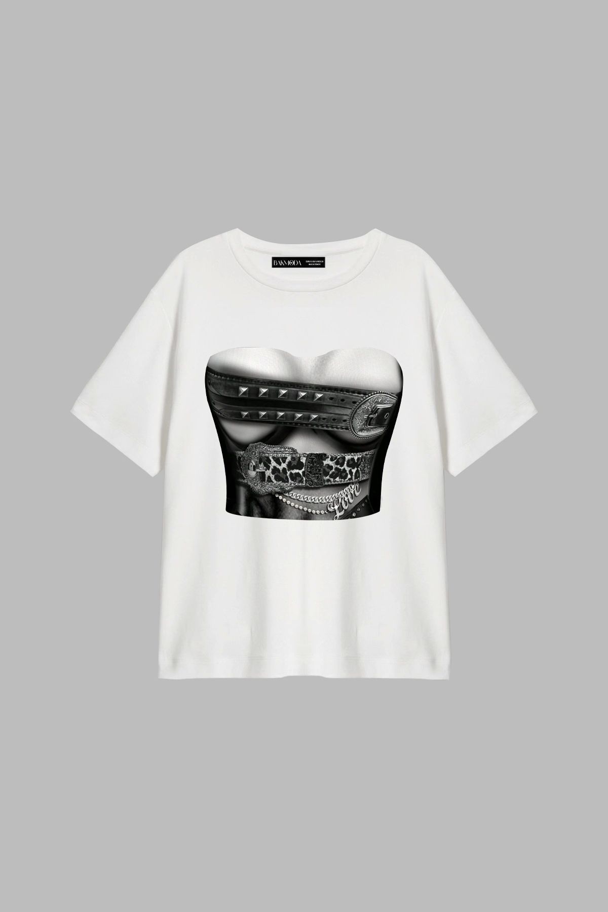 Bak Moda Belted Baskılı Relaxed Fit Beyaz Kadın Tshirt