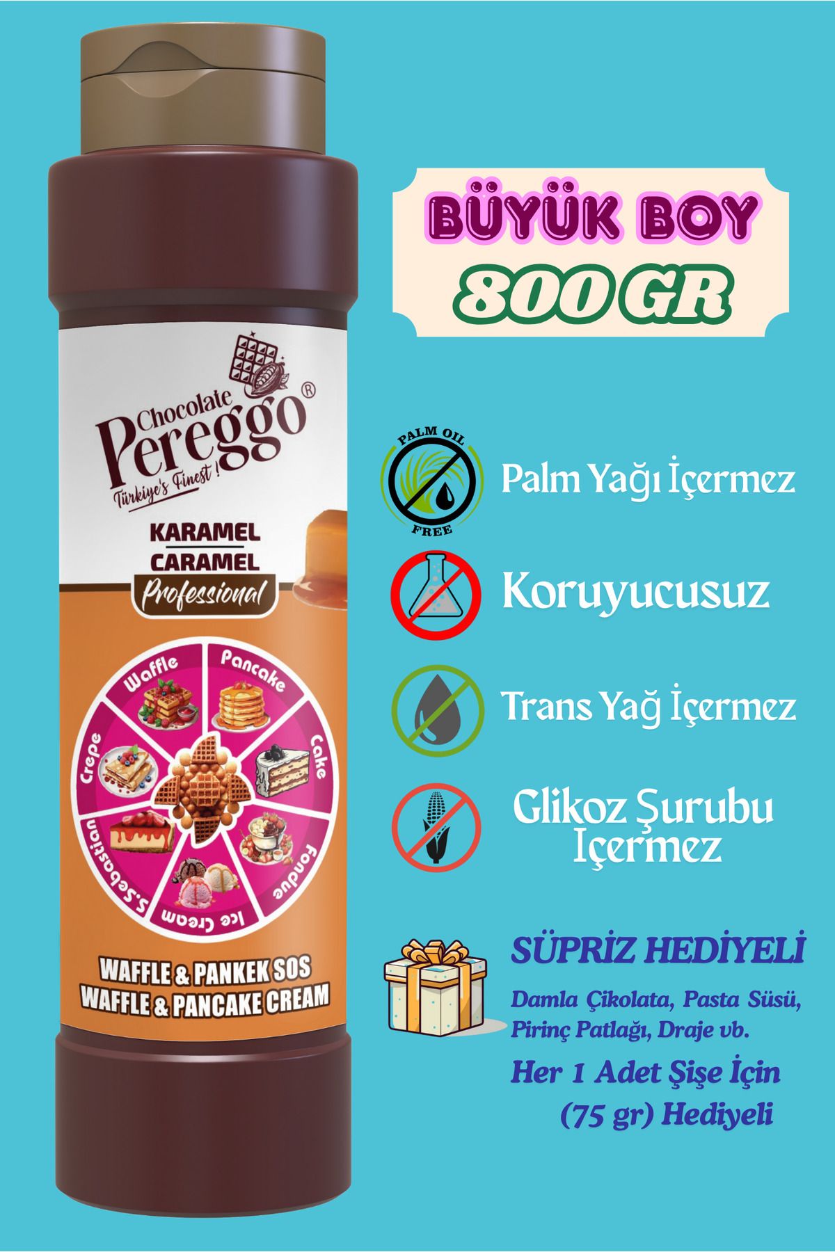 PEREGGO CHOCOLATE Karamel Aromalı Sos - Waffle, Pankek, Krep, Fondü, Pasta, Kruvasan, San Sebastian Sos 800gr