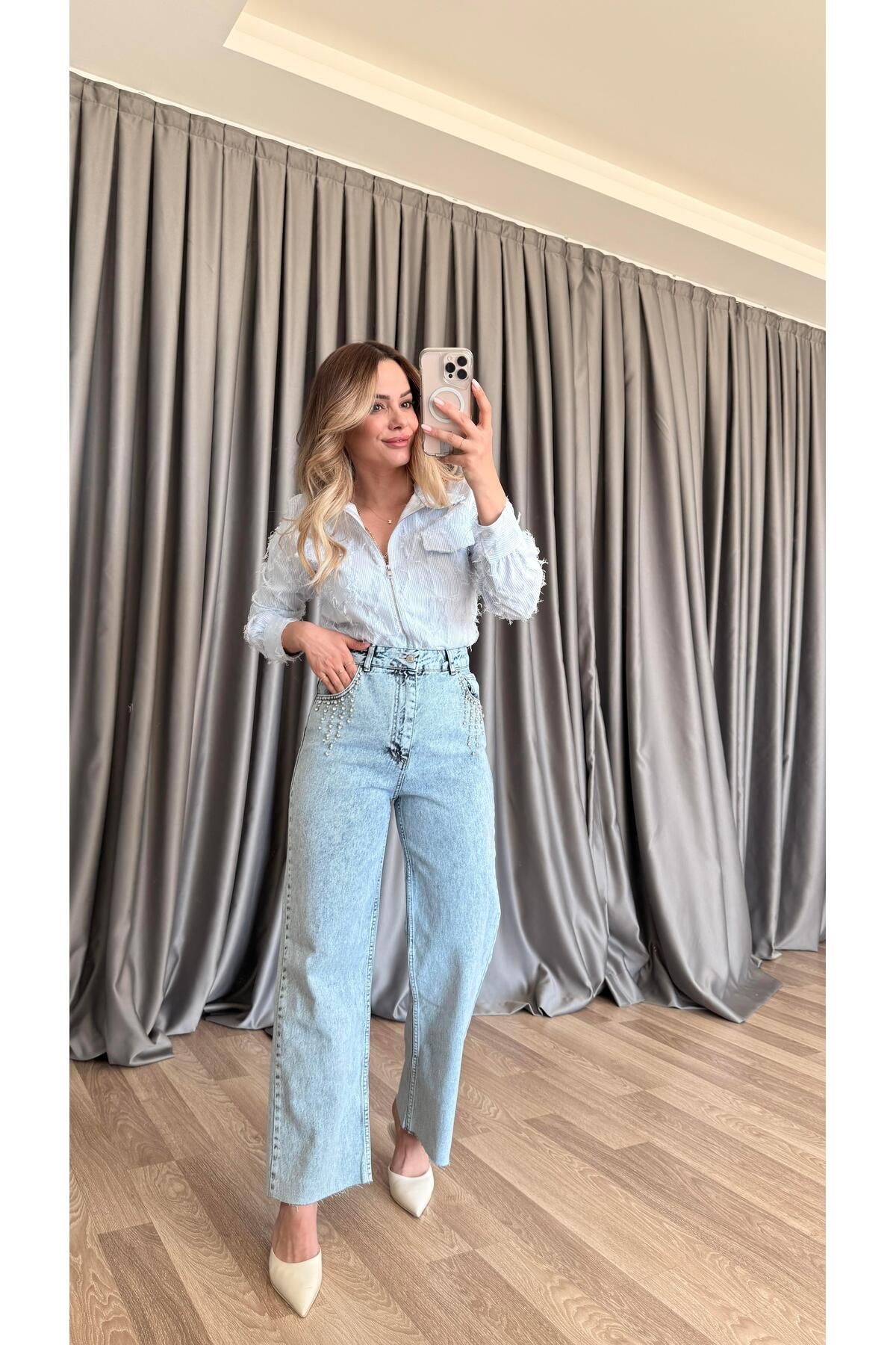 pelin yıldız butik Taş Detaylı Uzun Kot Pantolon