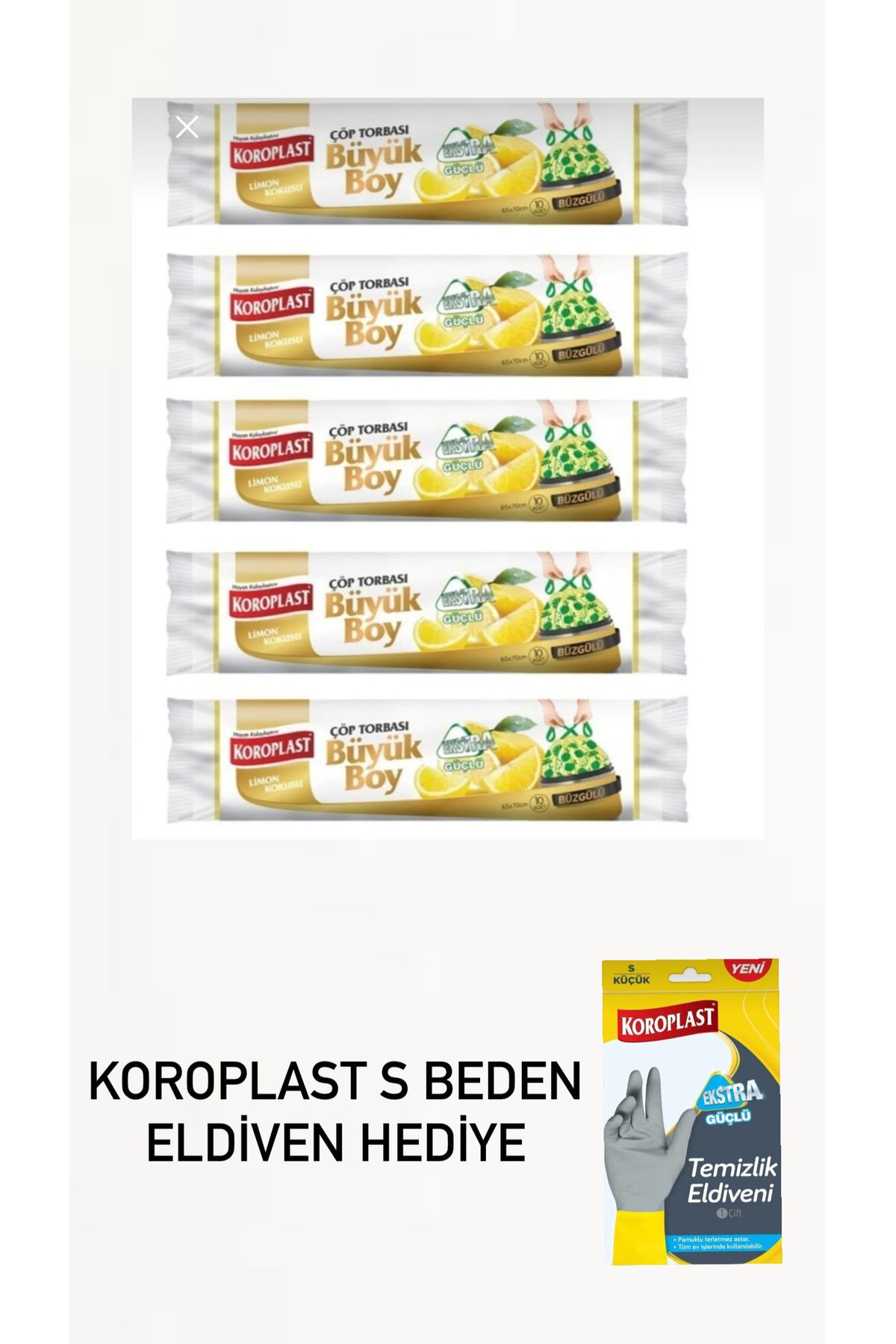 Koroplast 5 adet koroplast limonlu büyük boy çöp poşeti koroplast ekstra güçlü S beden eldiven hediye