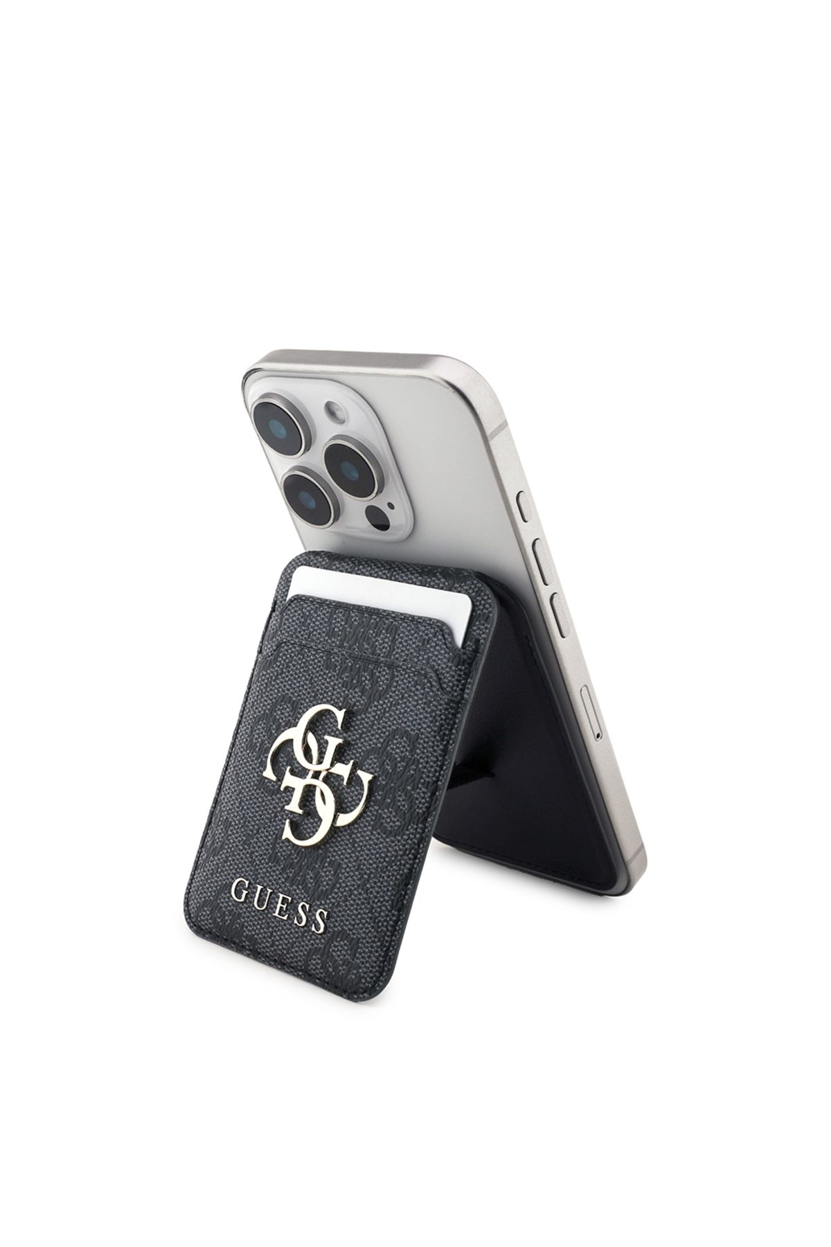 Guess Lisanslı PU Deri 4G Desenli Metal Büyük 4G ve Yazı Logolu Standlı Magnetik Kartlık Siyah
