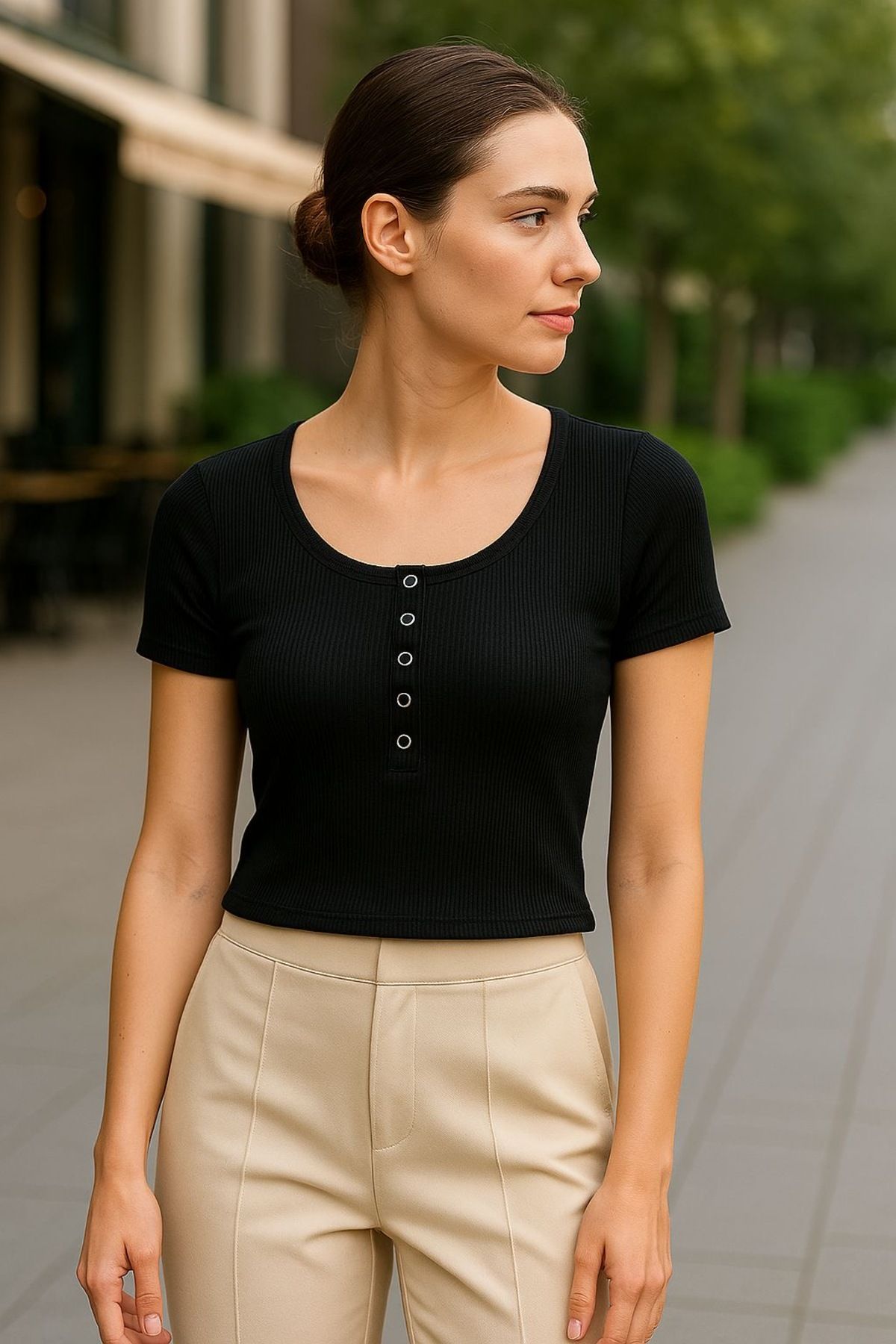 bb butik basic Fitilli Düğme Detaylı Body TF4440
