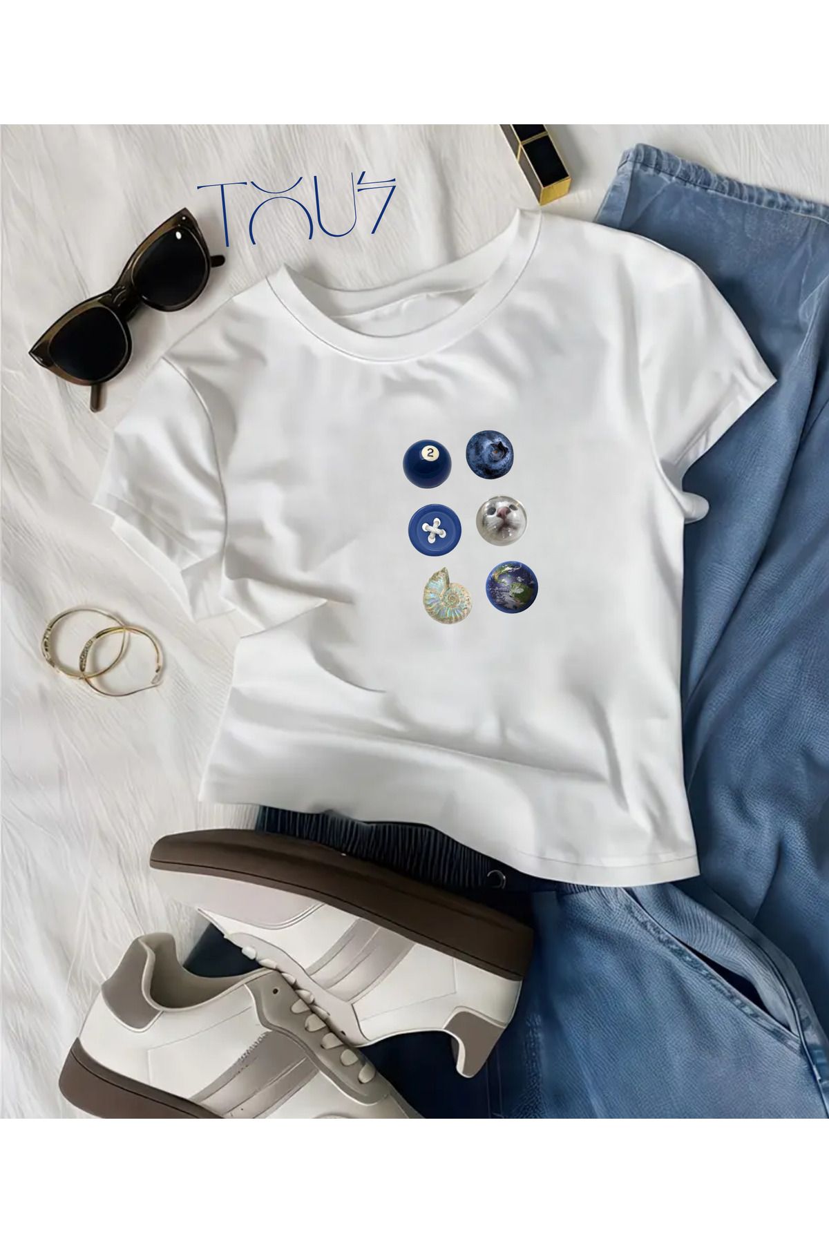 Touz Moda Kemer Boy Summer Touch Baskılı Crop Bluz