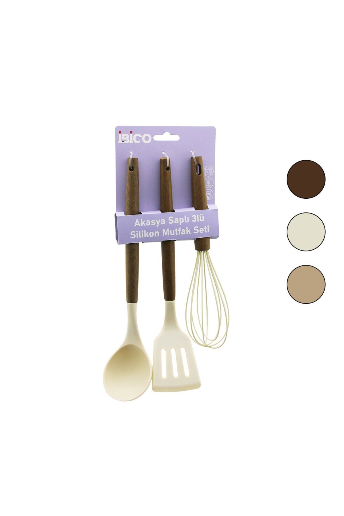 ibico İBİCO 3 LÜ RENKLİ SİLİKON MUTFAK SETİ ÇIRPICI & KEPÇE & SPATULA AHŞAP & AKASYA SAPLI