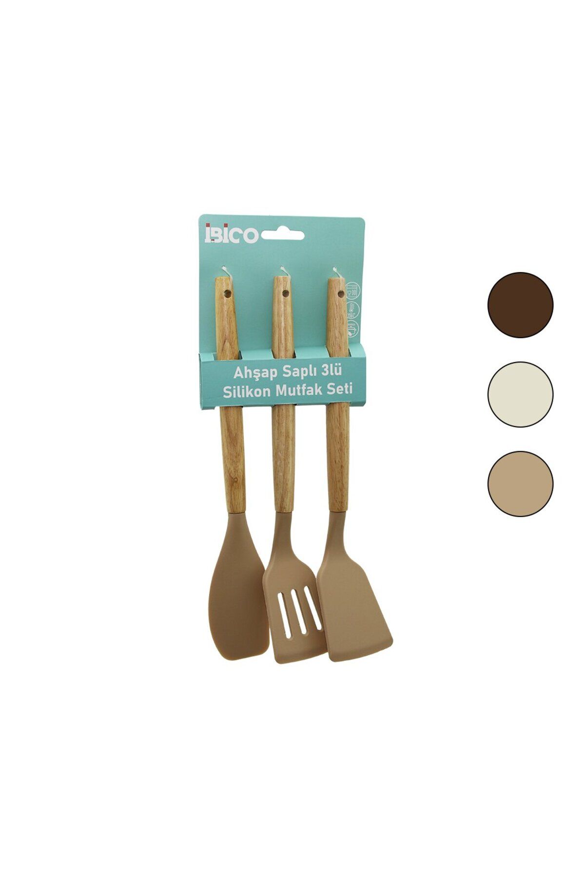 ibico İBİCO 3 LÜ RENKLİ SİLİKON SPATULA MUTFAK SETİ AHŞAP BAMBU SAPLI KLASİK VE YAN DELİKLİ SPATULA 30CM