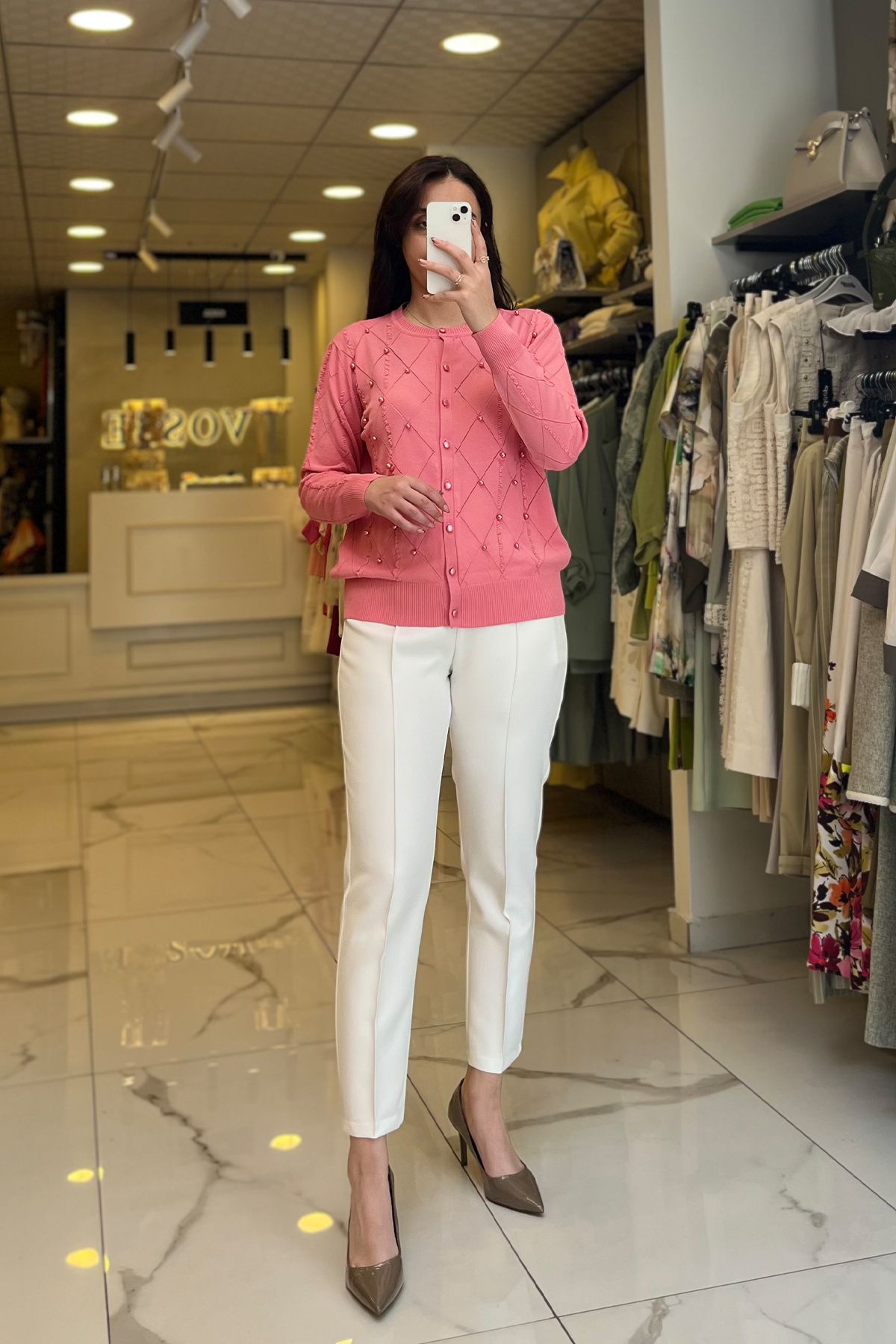 Vosse On Fashıon Pembe İnci Detaylı Merserize Hırka