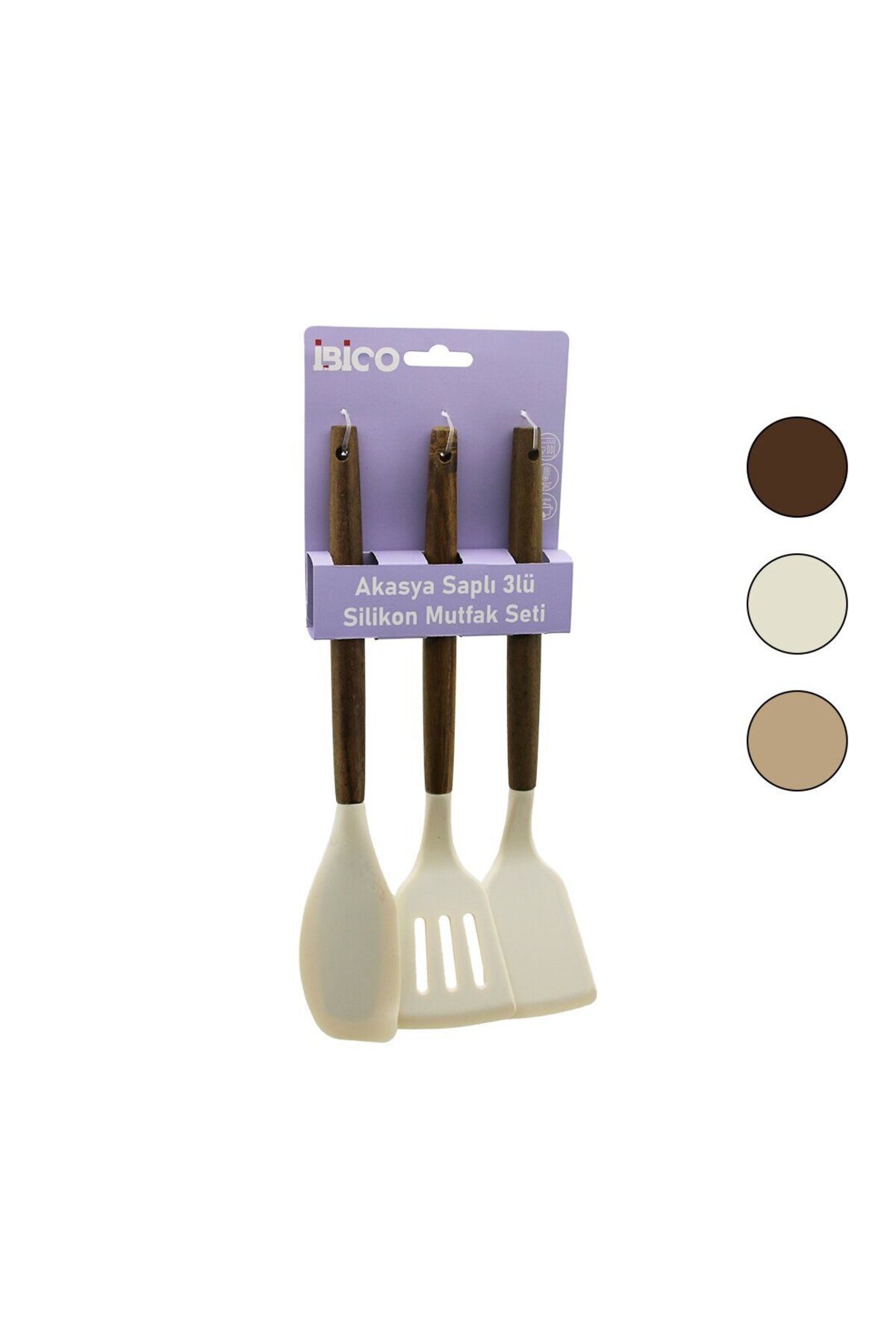 ibico İBİCO 3 LÜ RENKLİ SİLİKON SPATULA MUTFAK SETİ AKASYA SAPLI )(KLASİK & YAN & DELİKLİ SPATULA) (30CM)