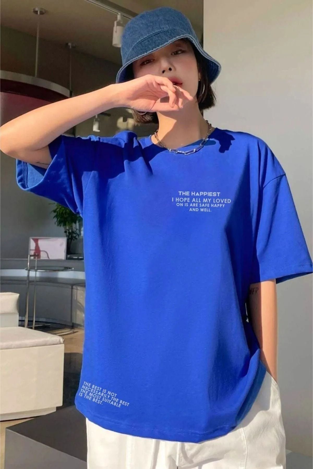 ModaSphere Kadın Saks Mavi Happiest Baskılı Oversize Tshirt