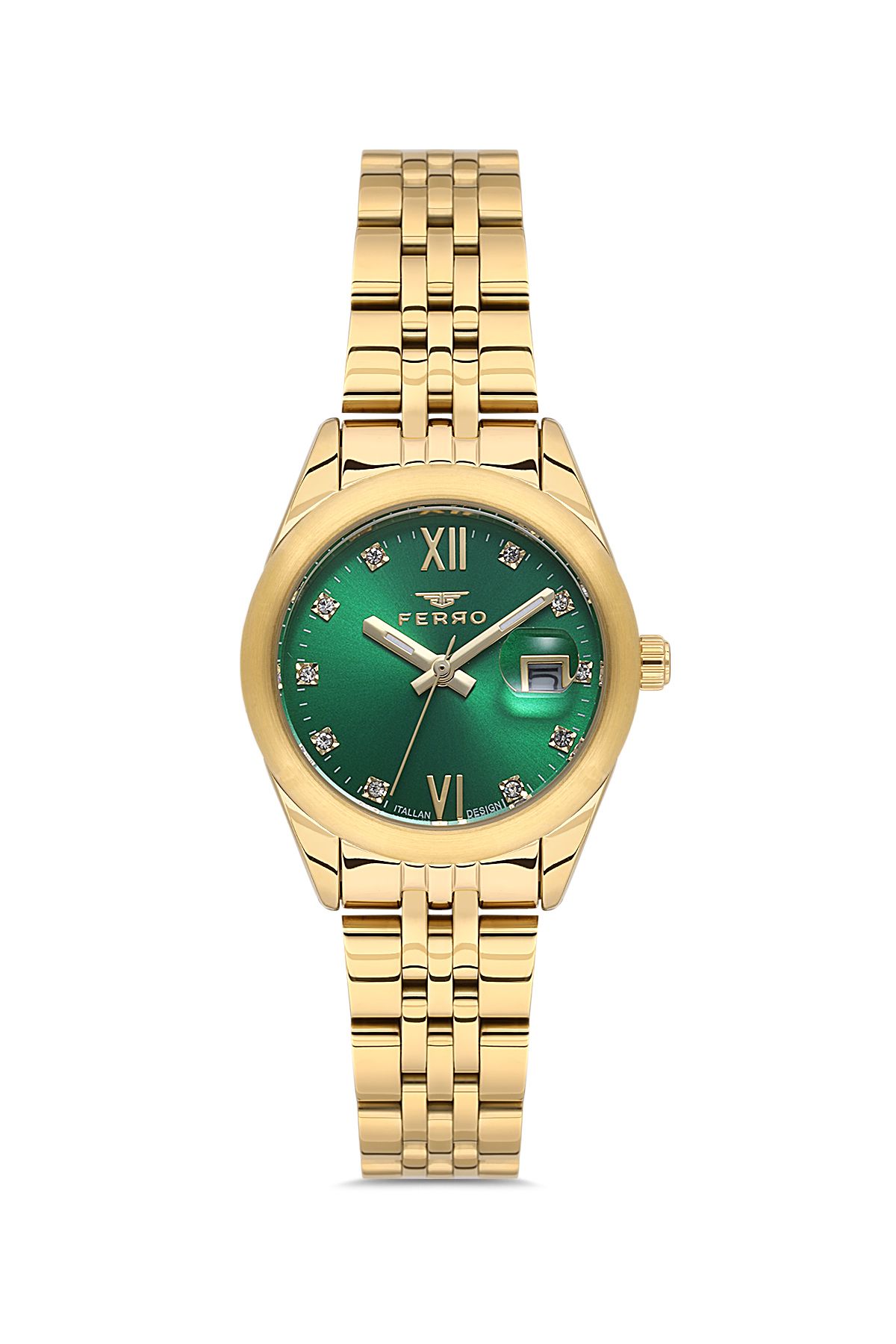 FERRO FL21618AWT-B6 Quartz Çelik Altın Rengi Yeşil Kadran 28 mm Kadın Kol Saati