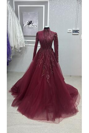 EKY GÖR SEV WEDDING DRESS BORDO BONCUK İŞLEMELİ TESETTÜR NİŞANLIK